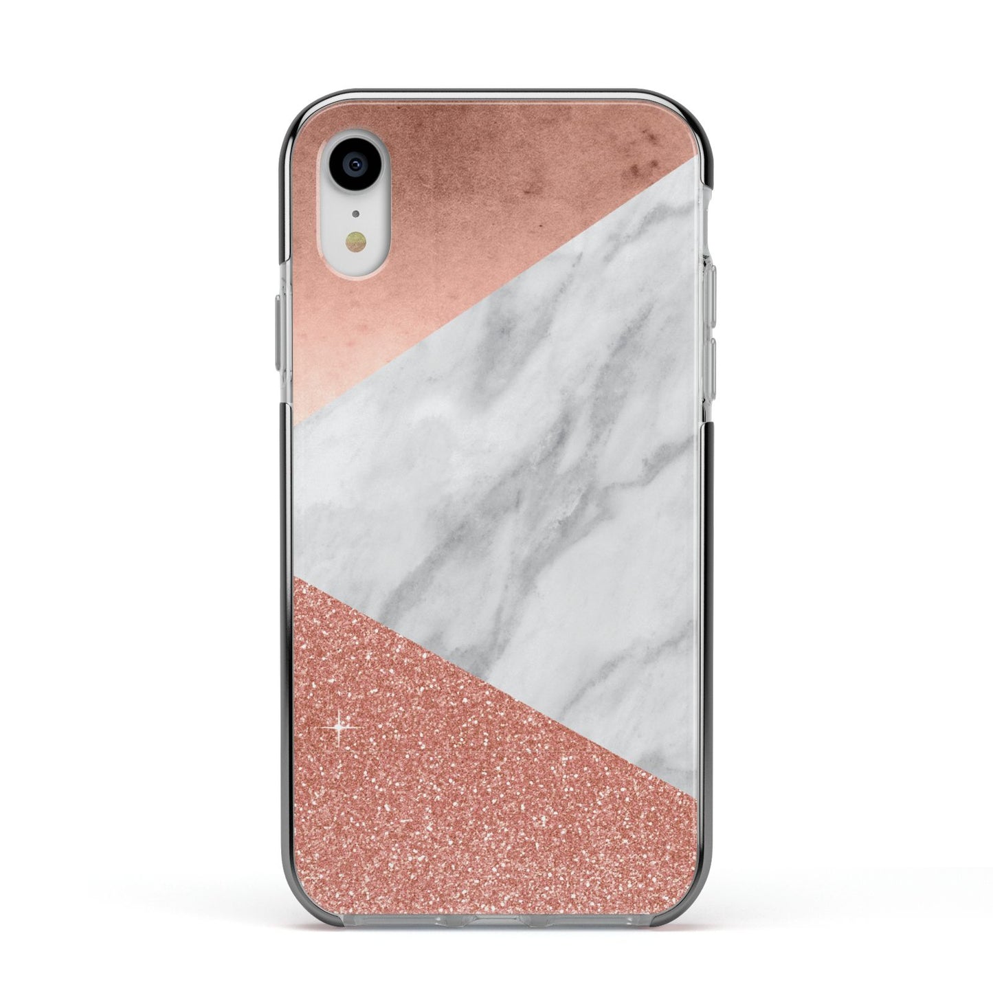 Marble Rose Gold Foil Apple iPhone XR Impact Case Black Edge on Silver Phone