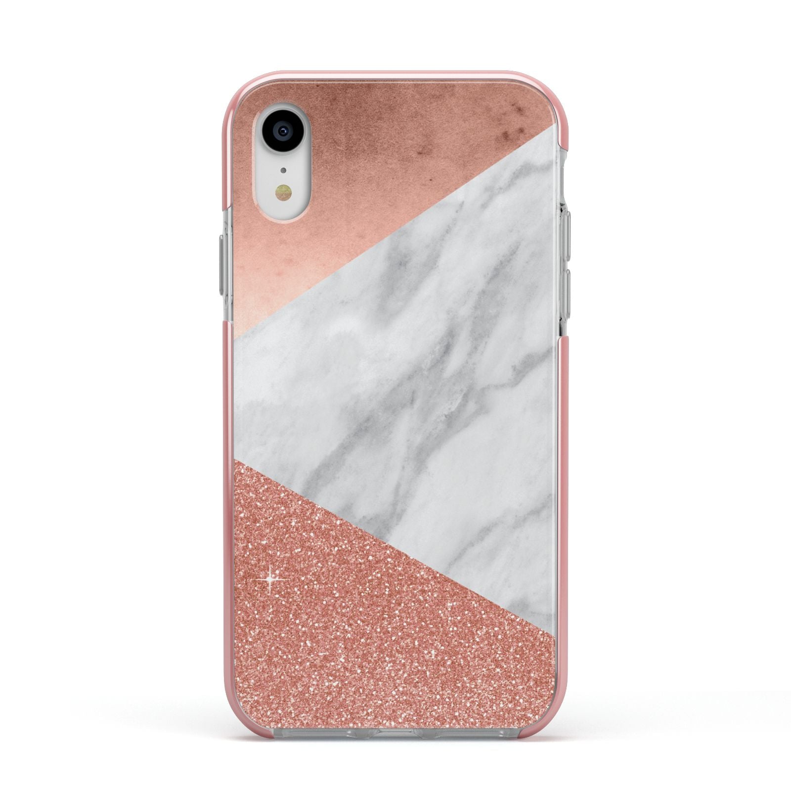 Marble Rose Gold Foil Apple iPhone XR Impact Case Pink Edge on Silver Phone