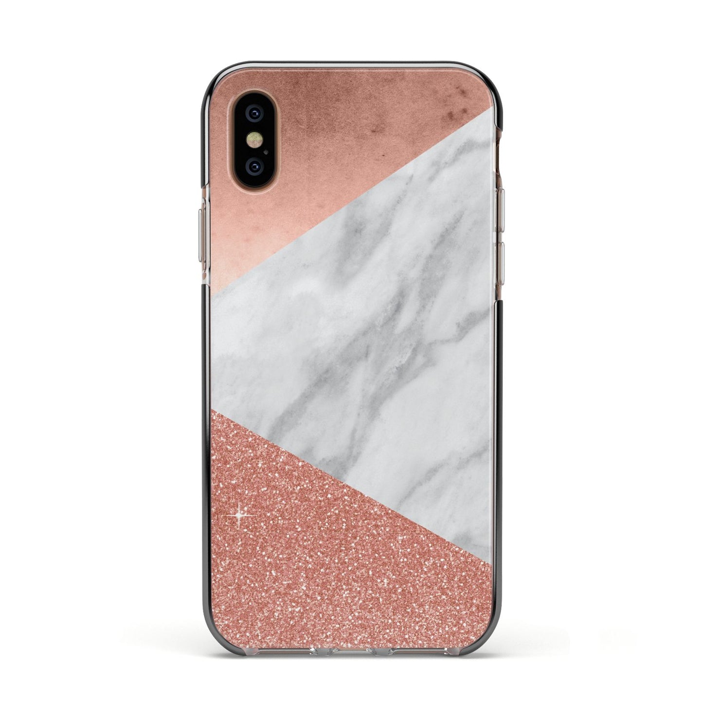 Marble Rose Gold Foil Apple iPhone Xs Impact Case Black Edge on Gold Phone