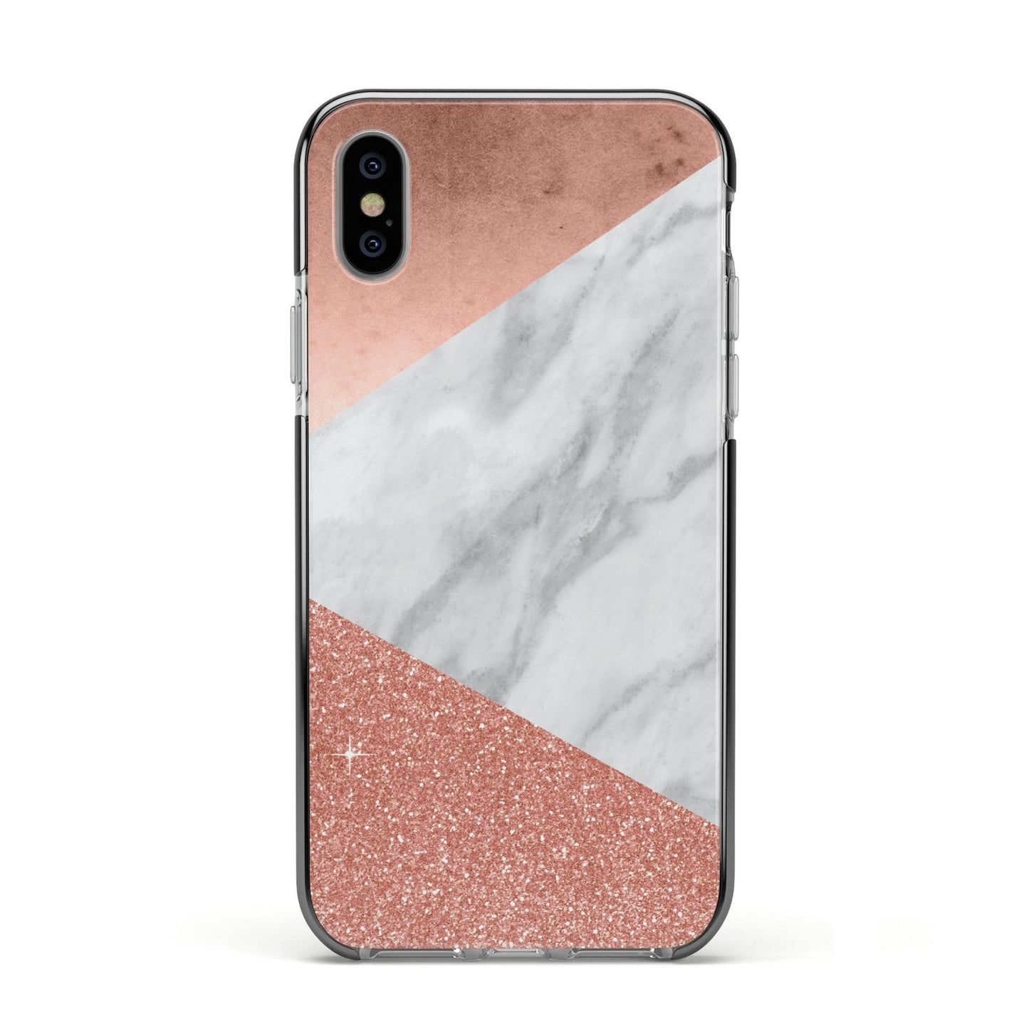 Marble Rose Gold Foil Apple iPhone Xs Impact Case Black Edge on Silver Phone