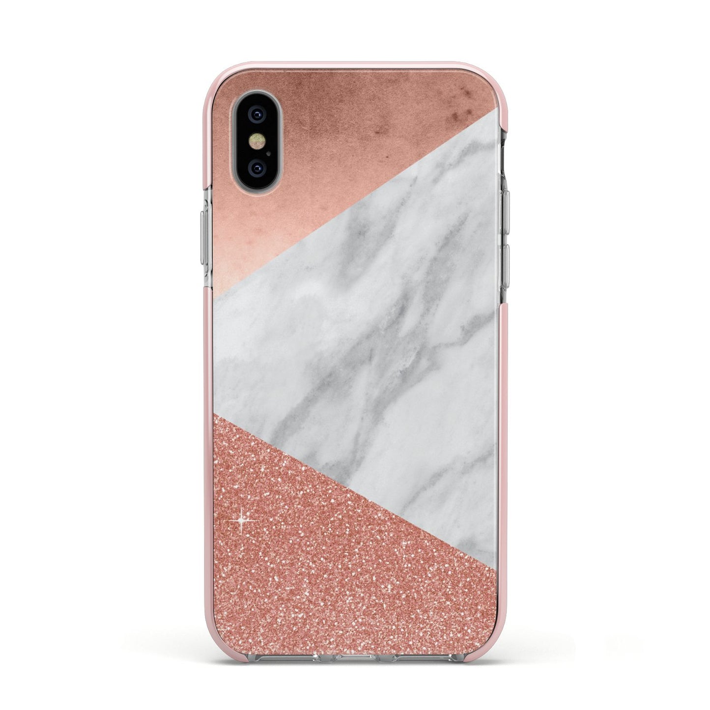Marble Rose Gold Foil Apple iPhone Xs Impact Case Pink Edge on Silver Phone