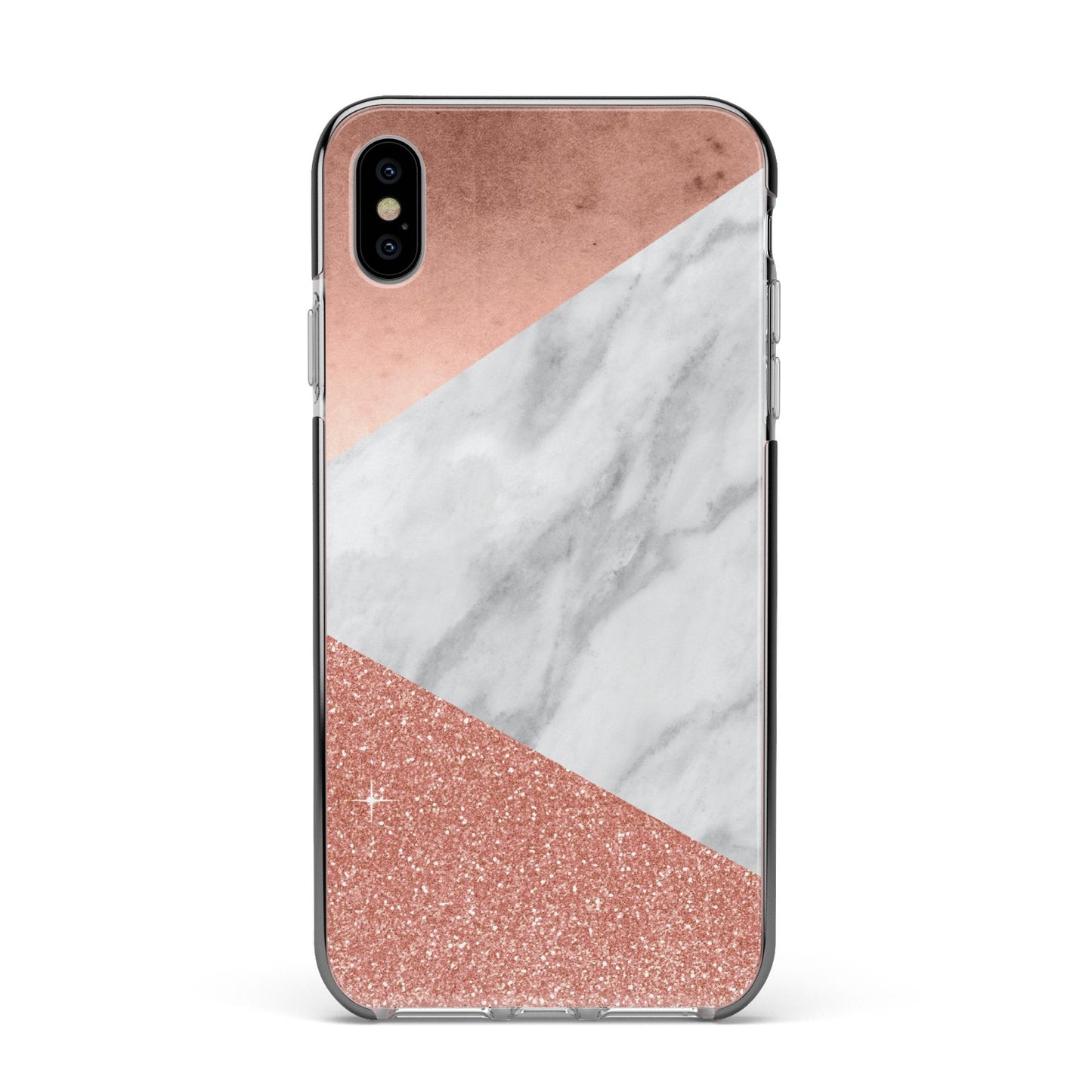 Marble Rose Gold Foil Apple iPhone Xs Max Impact Case Black Edge on Silver Phone
