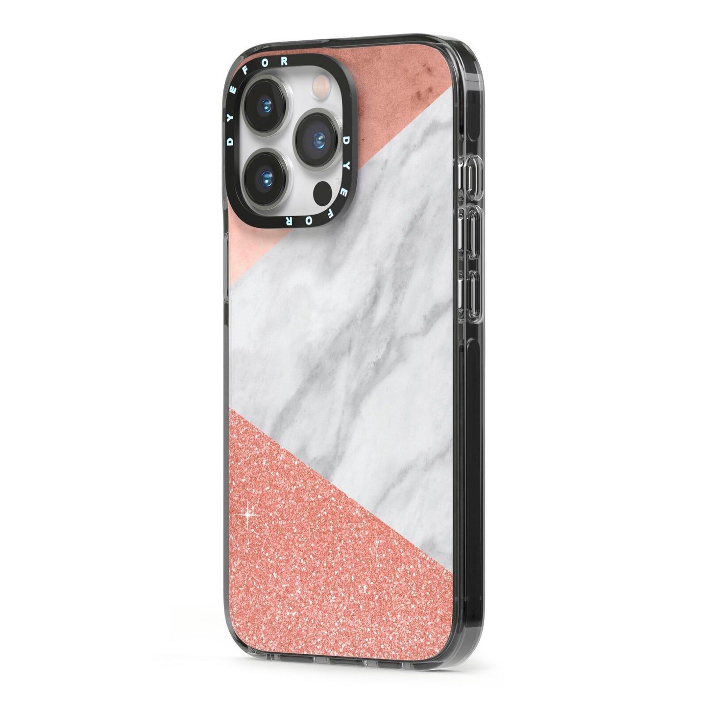 Marble Rose Gold Foil iPhone 13 Pro Black Impact Case Side Angle on Silver phone