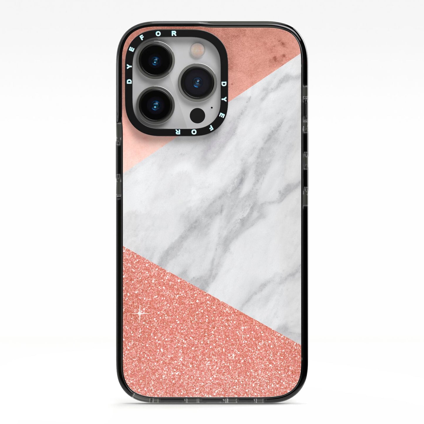 Marble Rose Gold Foil iPhone 13 Pro Black Impact Case on Silver phone