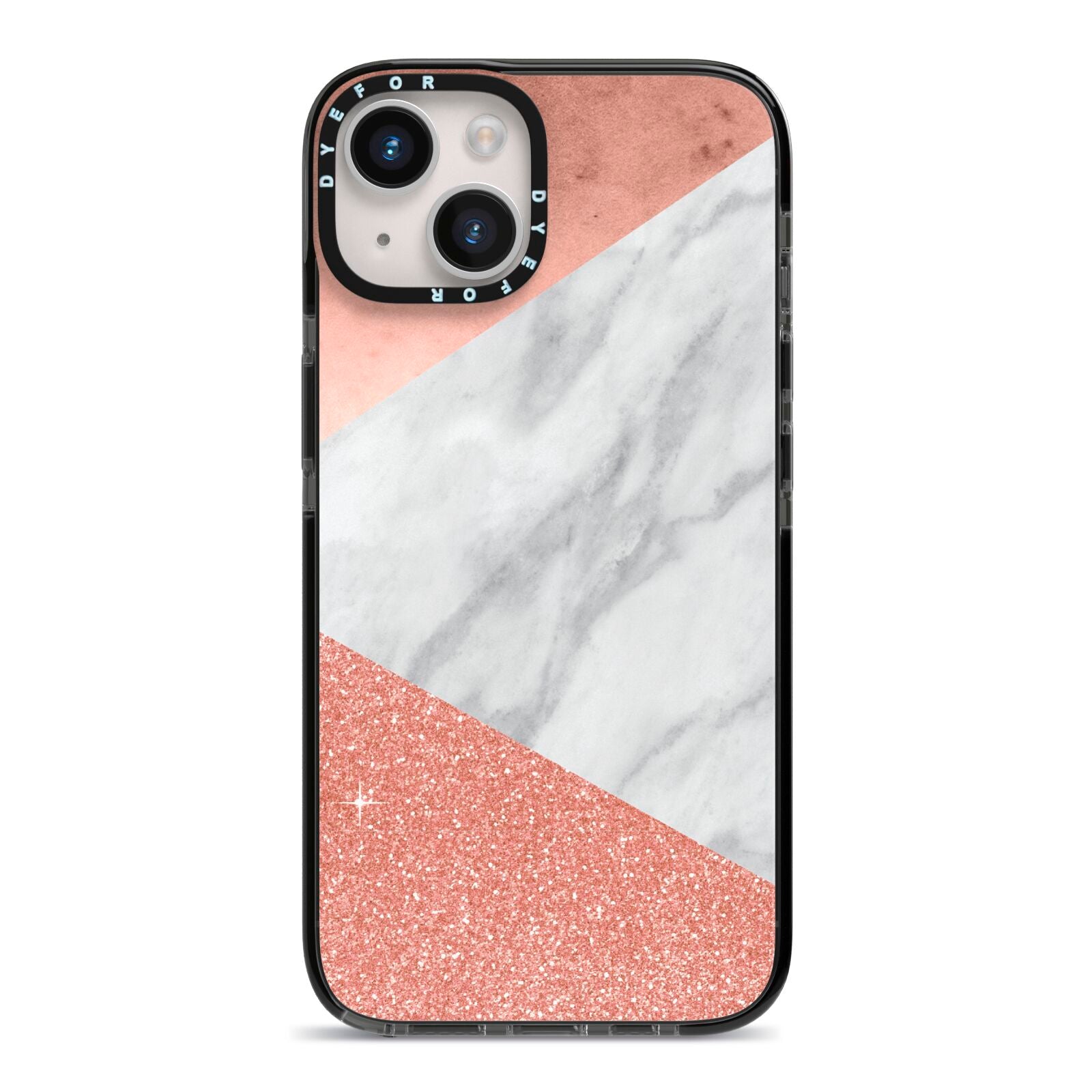 Marble Rose Gold Foil iPhone 14 Black Impact Case on Silver phone