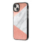 Marble Rose Gold Foil iPhone 14 Plus Black Impact Case Side Angle on Silver phone