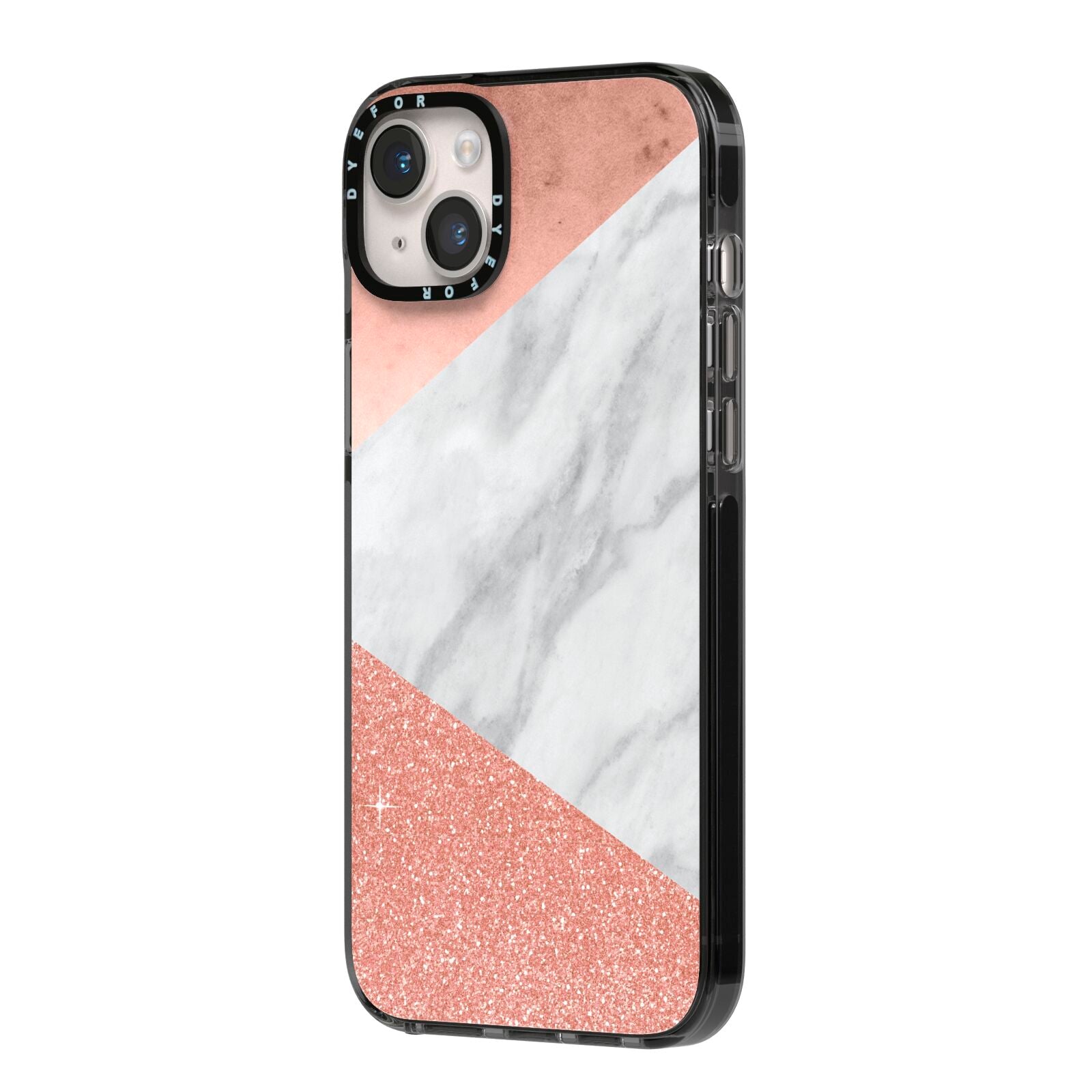 Marble Rose Gold Foil iPhone 14 Plus Black Impact Case Side Angle on Silver phone