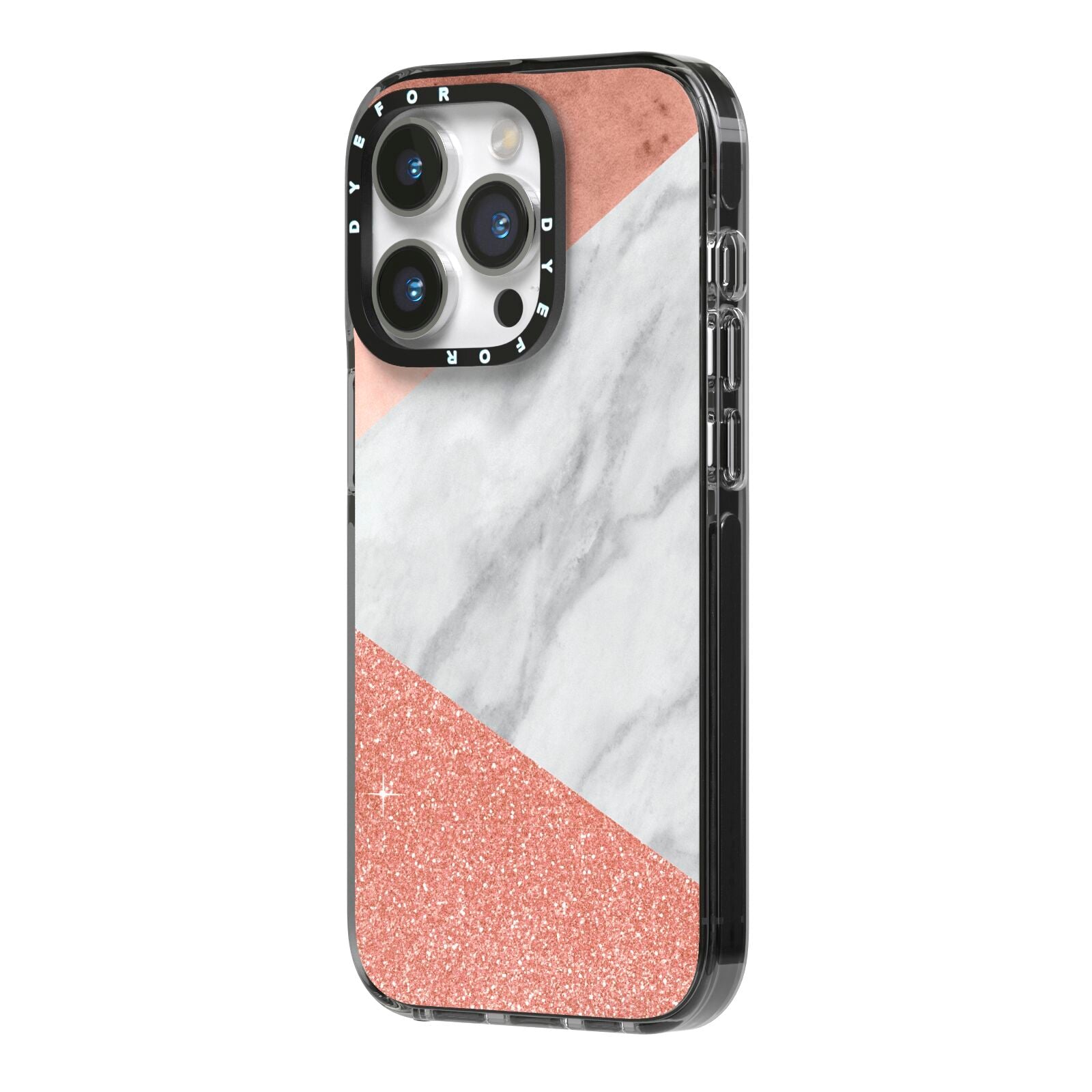 Marble Rose Gold Foil iPhone 14 Pro Black Impact Case Side Angle on Silver phone