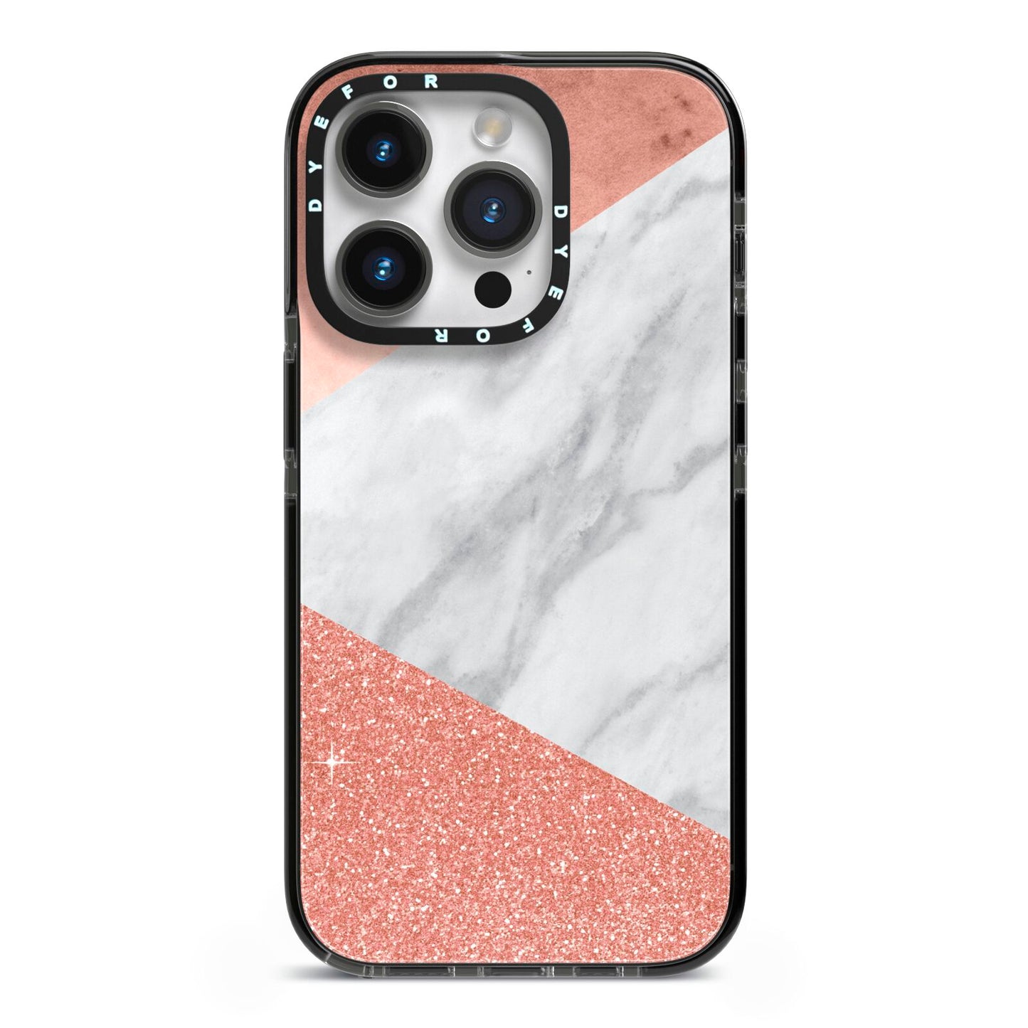Marble Rose Gold Foil iPhone 14 Pro Black Impact Case on Silver phone