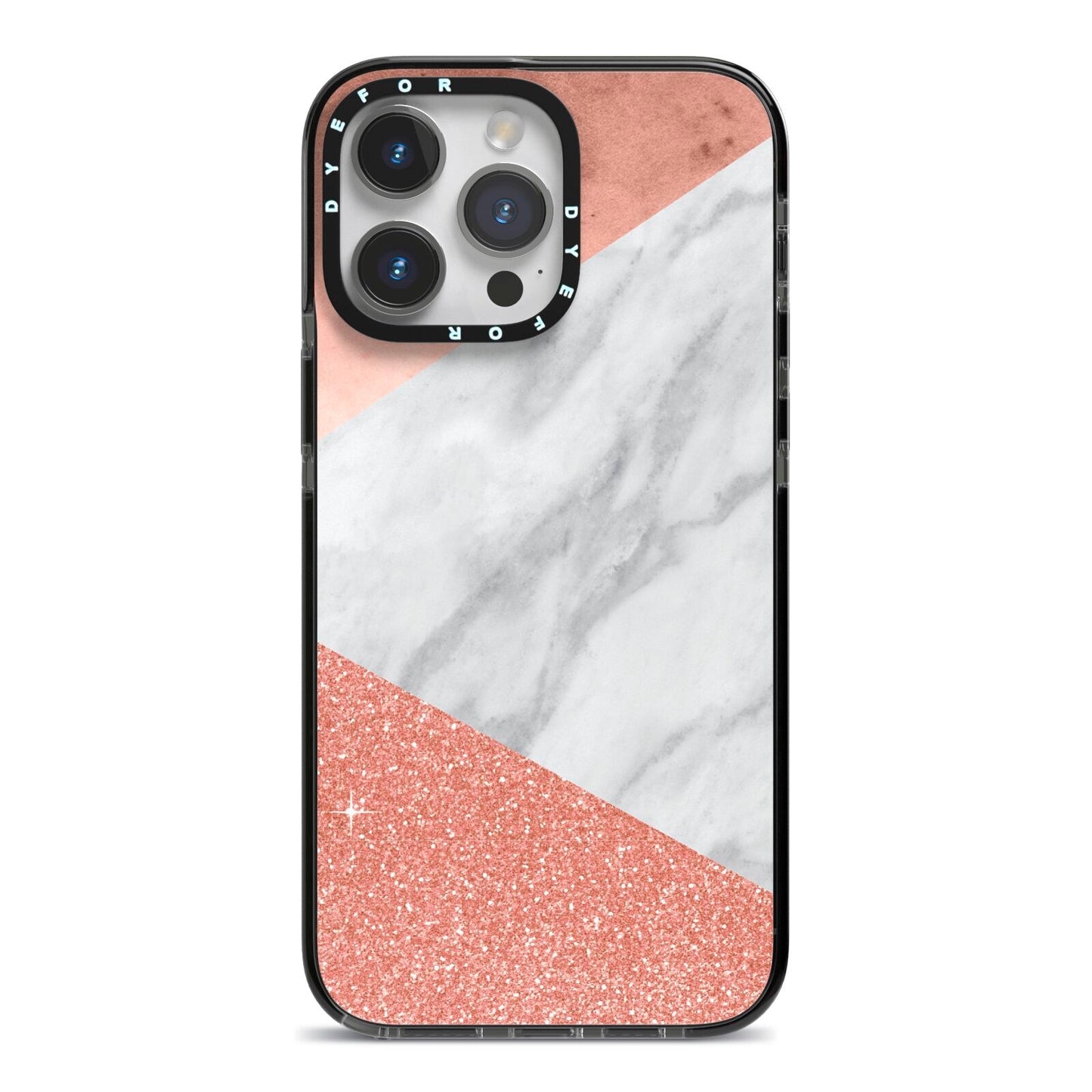 Marble Rose Gold Foil iPhone 14 Pro Max Black Impact Case on Silver phone