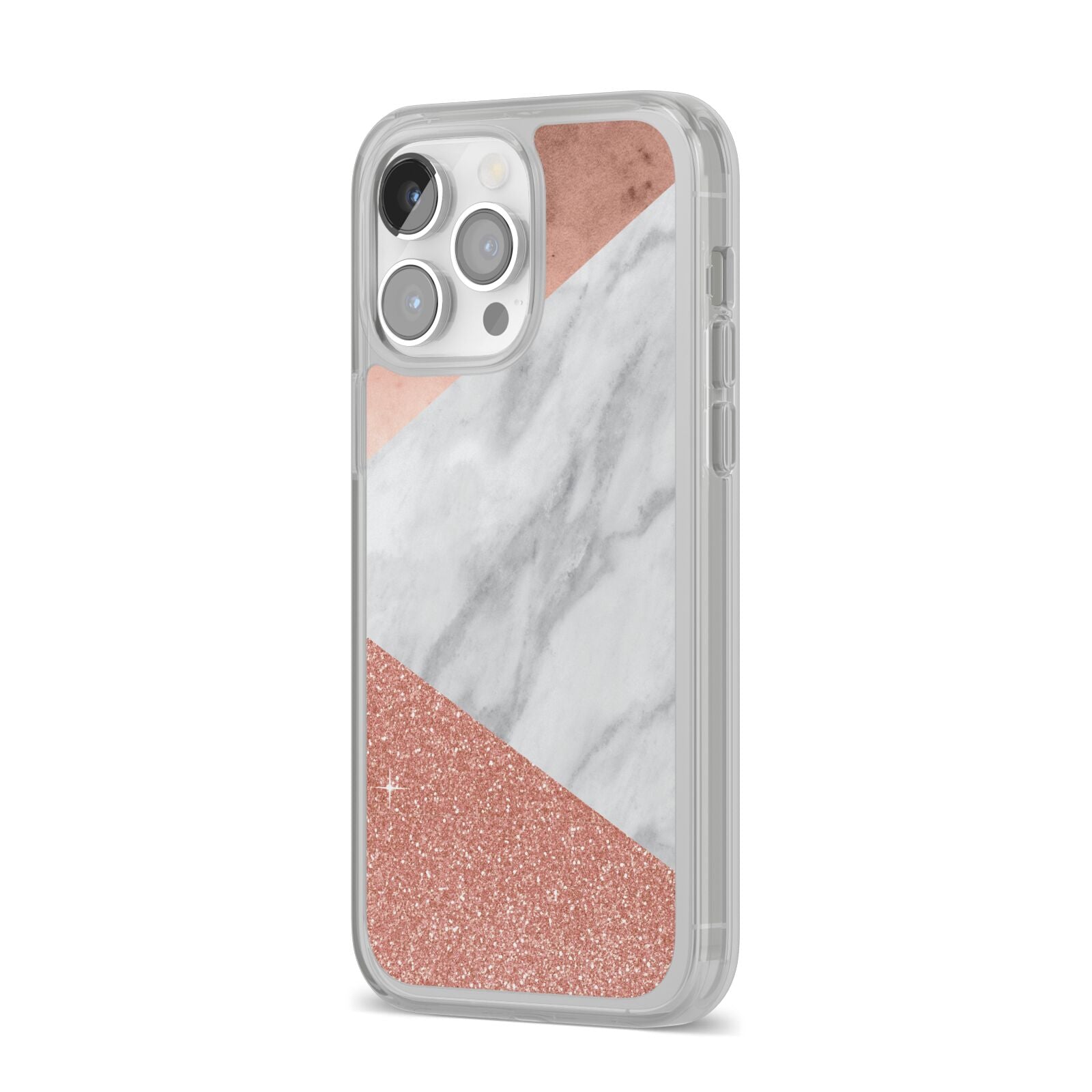 Marble Rose Gold Foil iPhone 14 Pro Max Clear Tough Case Silver Angled Image
