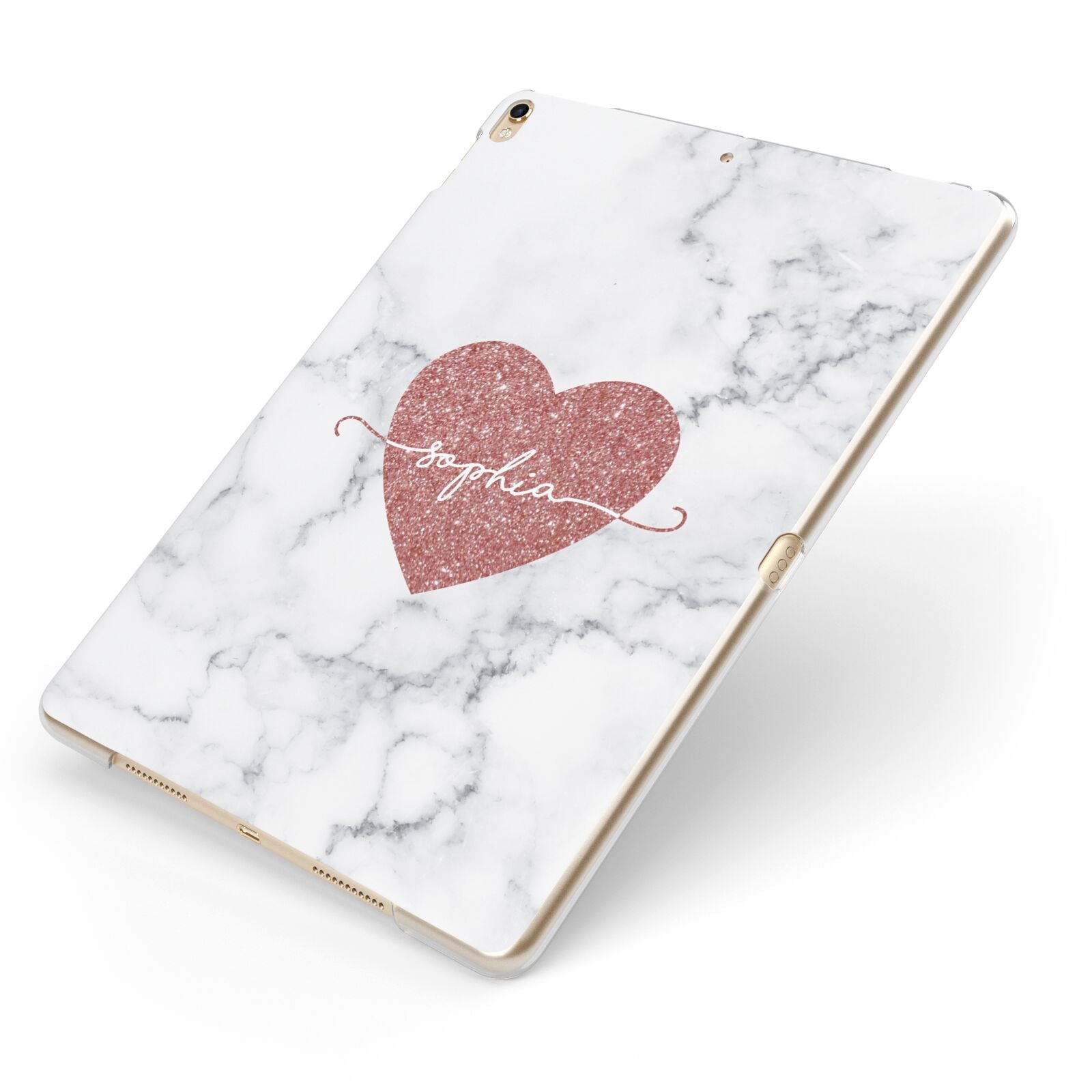 Marble Rose Gold Glitter Heart Personalised Name Apple iPad Case on Gold iPad Side View