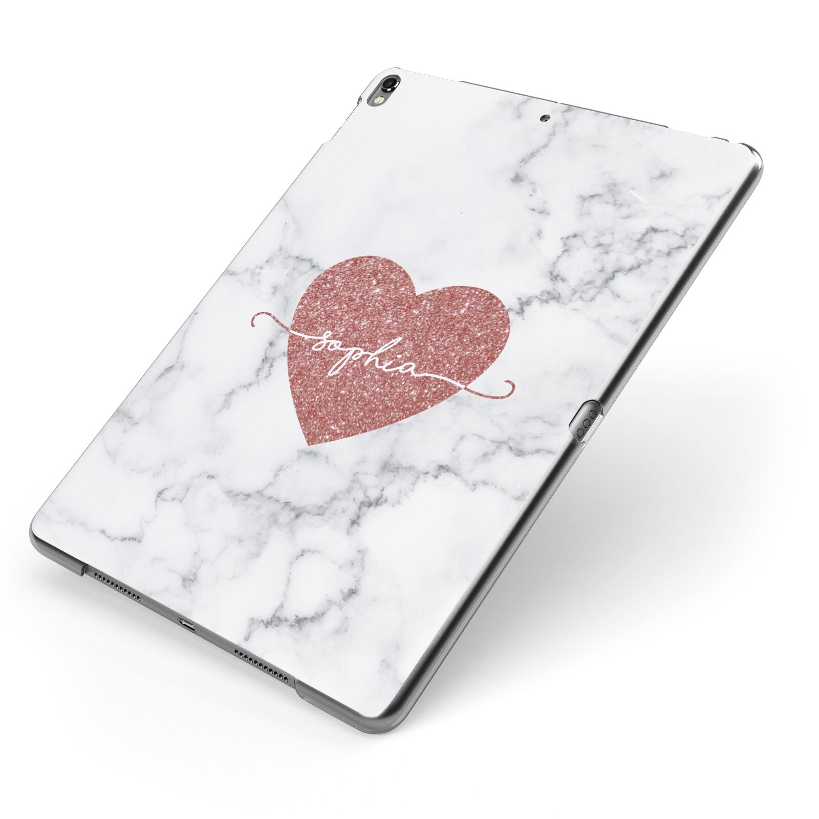 Marble Rose Gold Glitter Heart Personalised Name Apple iPad Case on Grey iPad Side View
