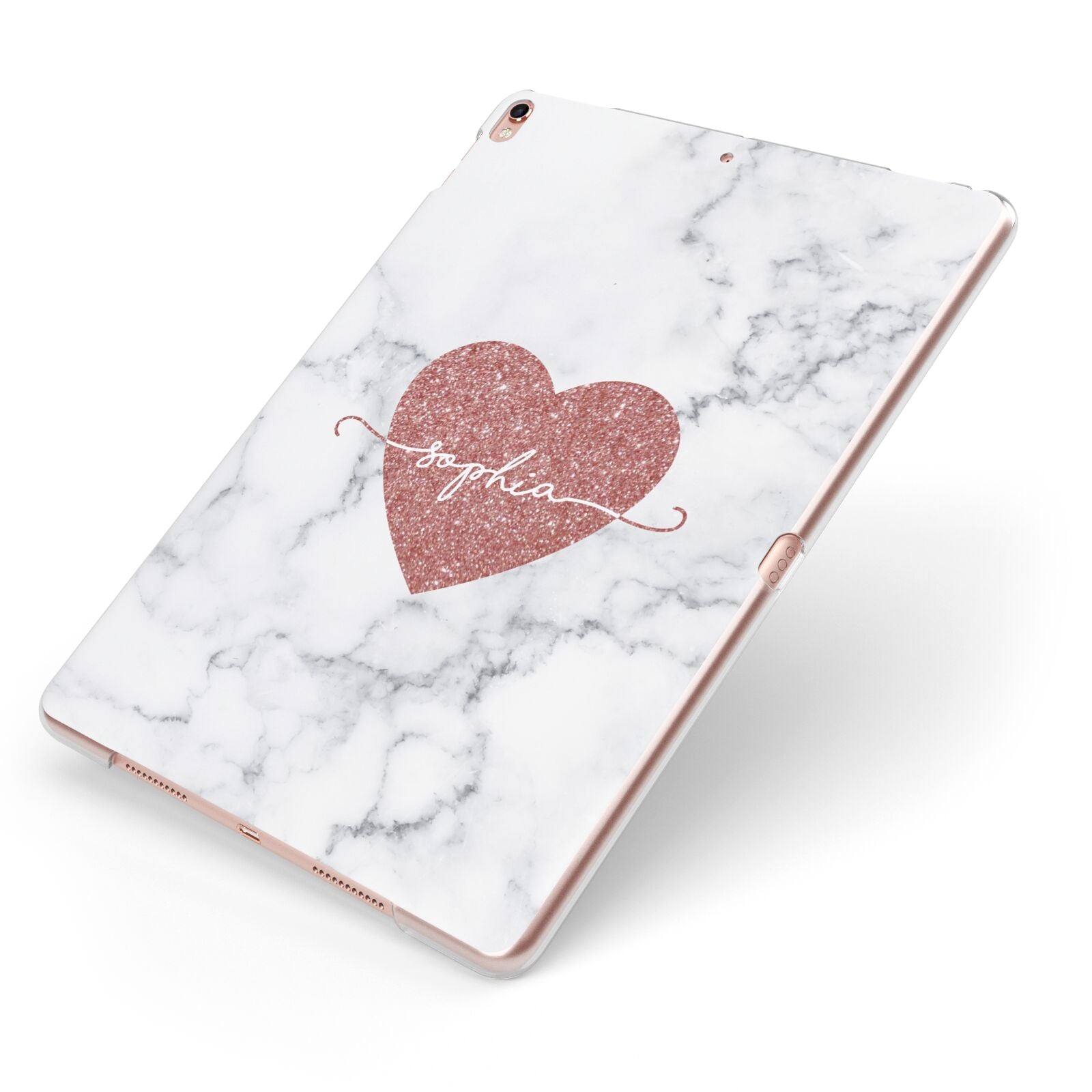 Clear Marble Rose Gold Glitter Heart Personalised Name Apple iPad Case on Rose Gold iPad Side View