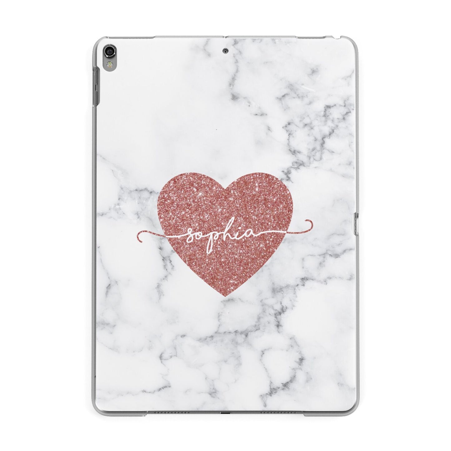 Clear Marble Rose Gold Glitter Heart Personalised Name Apple iPad Grey Case