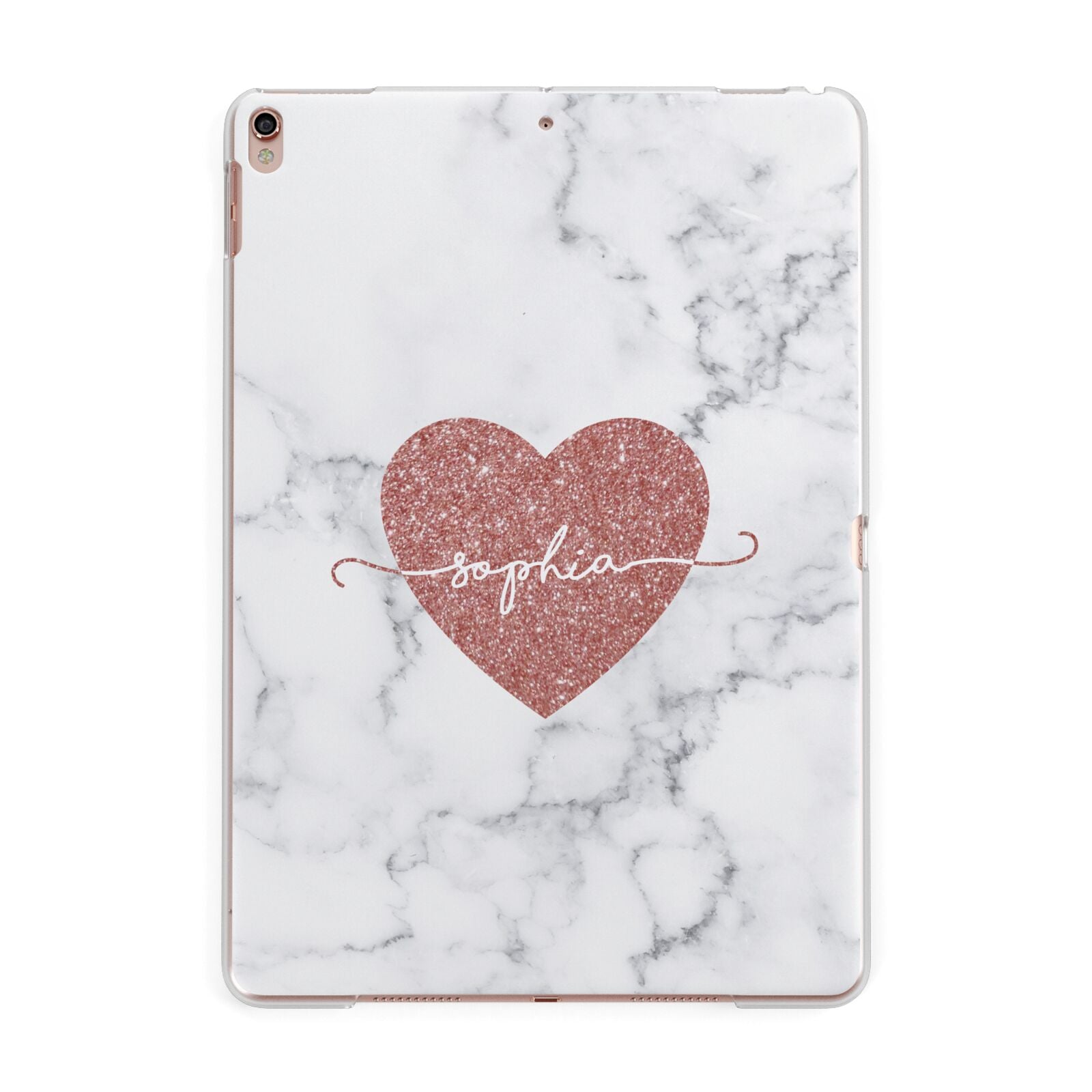 Clear Marble Rose Gold Glitter Heart Personalised Name Apple iPad Rose Gold Case