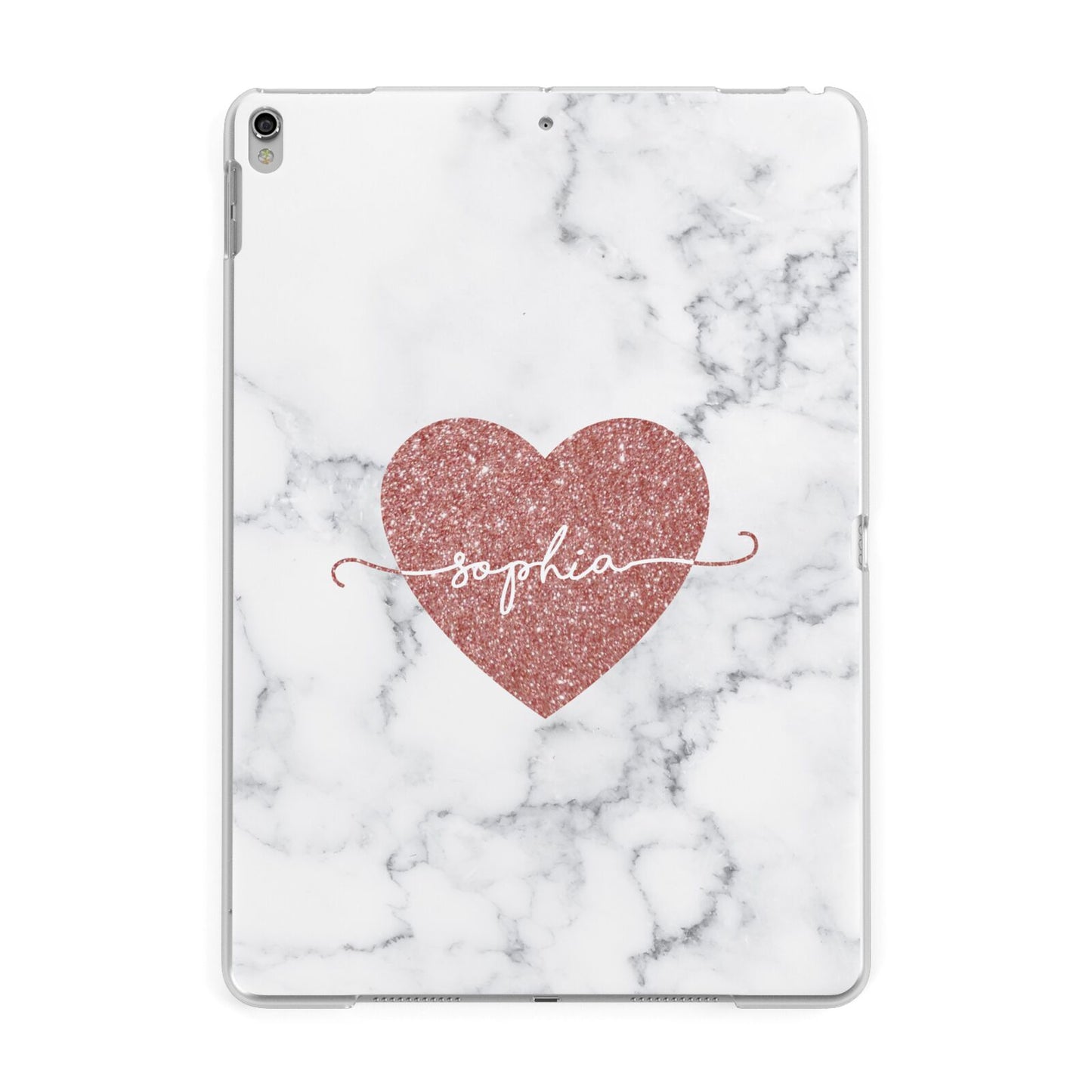 Marble Rose Gold Glitter Heart Personalised Name Apple iPad Silver Case