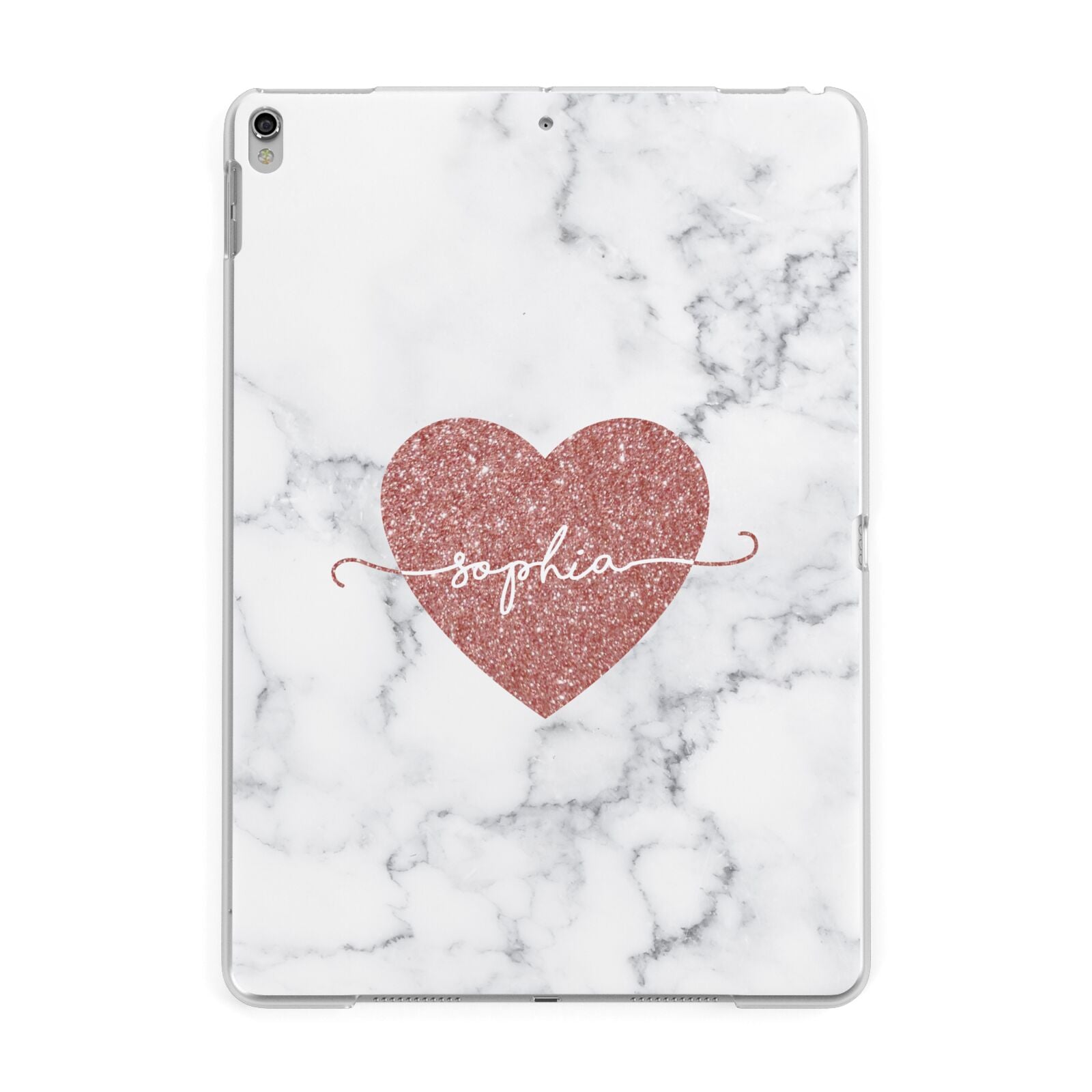 Clear Marble Rose Gold Glitter Heart Personalised Name Apple iPad Silver Case