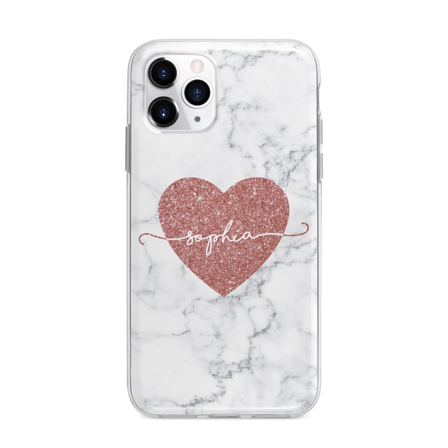 Marble Rose Gold Glitter Heart Personalised Name Apple iPhone 11 Pro Max in Silver with Bumper Case