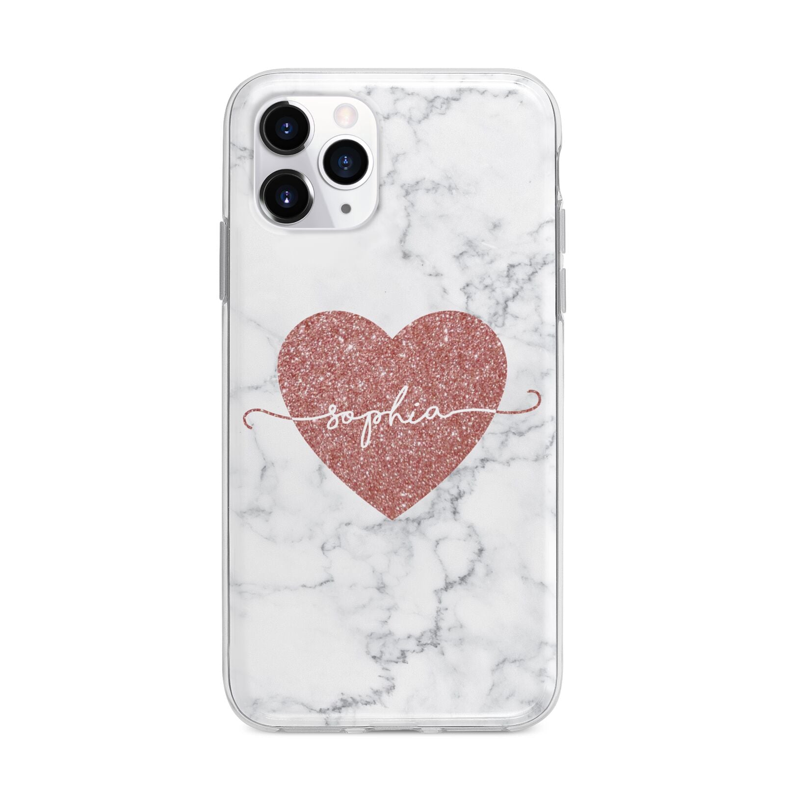 Marble Rose Gold Glitter Heart Personalised Name Apple iPhone 11 Pro in Silver with Bumper Case