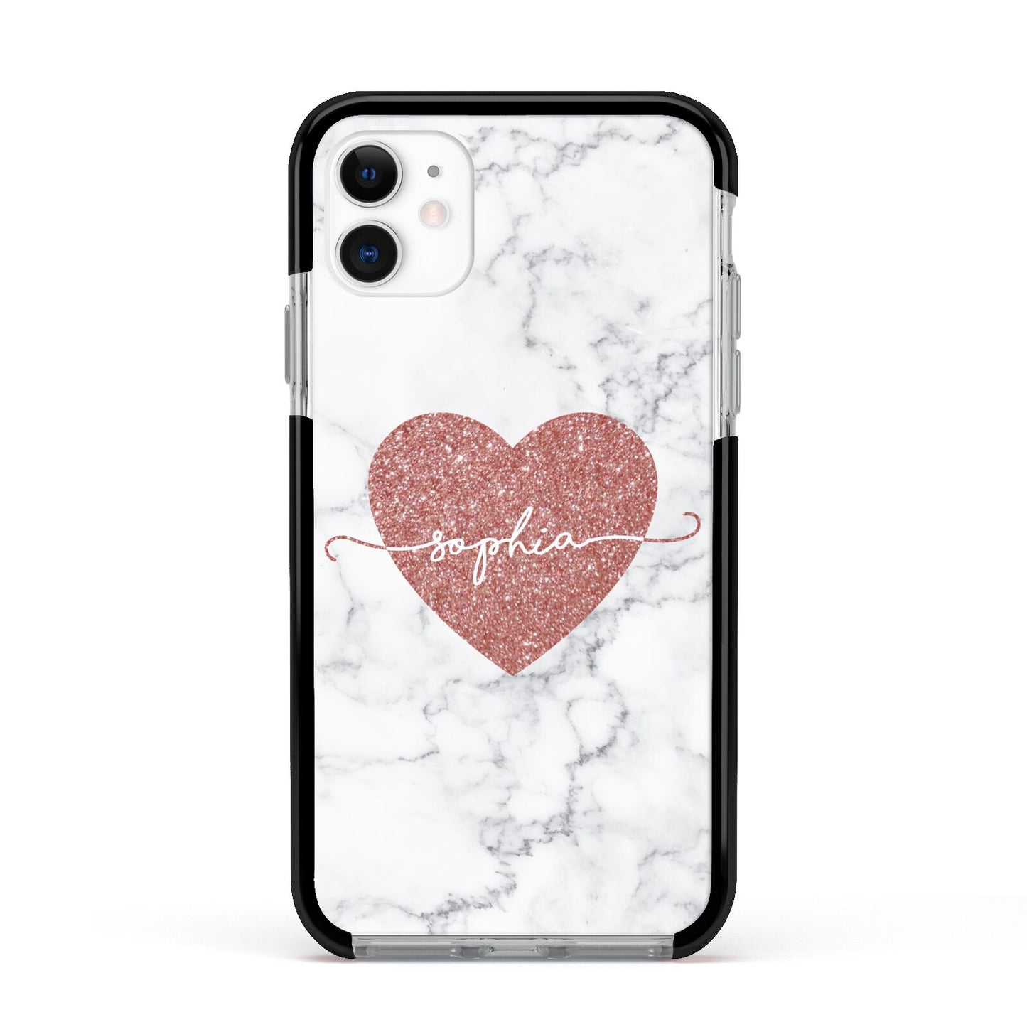 Marble Rose Gold Glitter Heart Personalised Name Apple iPhone 11 in White with Black Impact Case