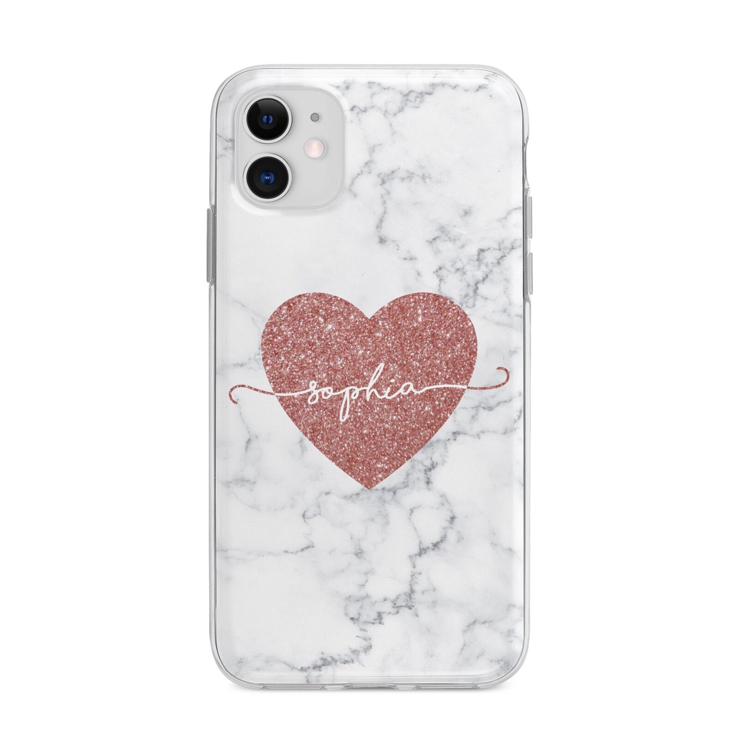 Marble Rose Gold Glitter Heart Personalised Name Apple iPhone 11 in White with Bumper Case