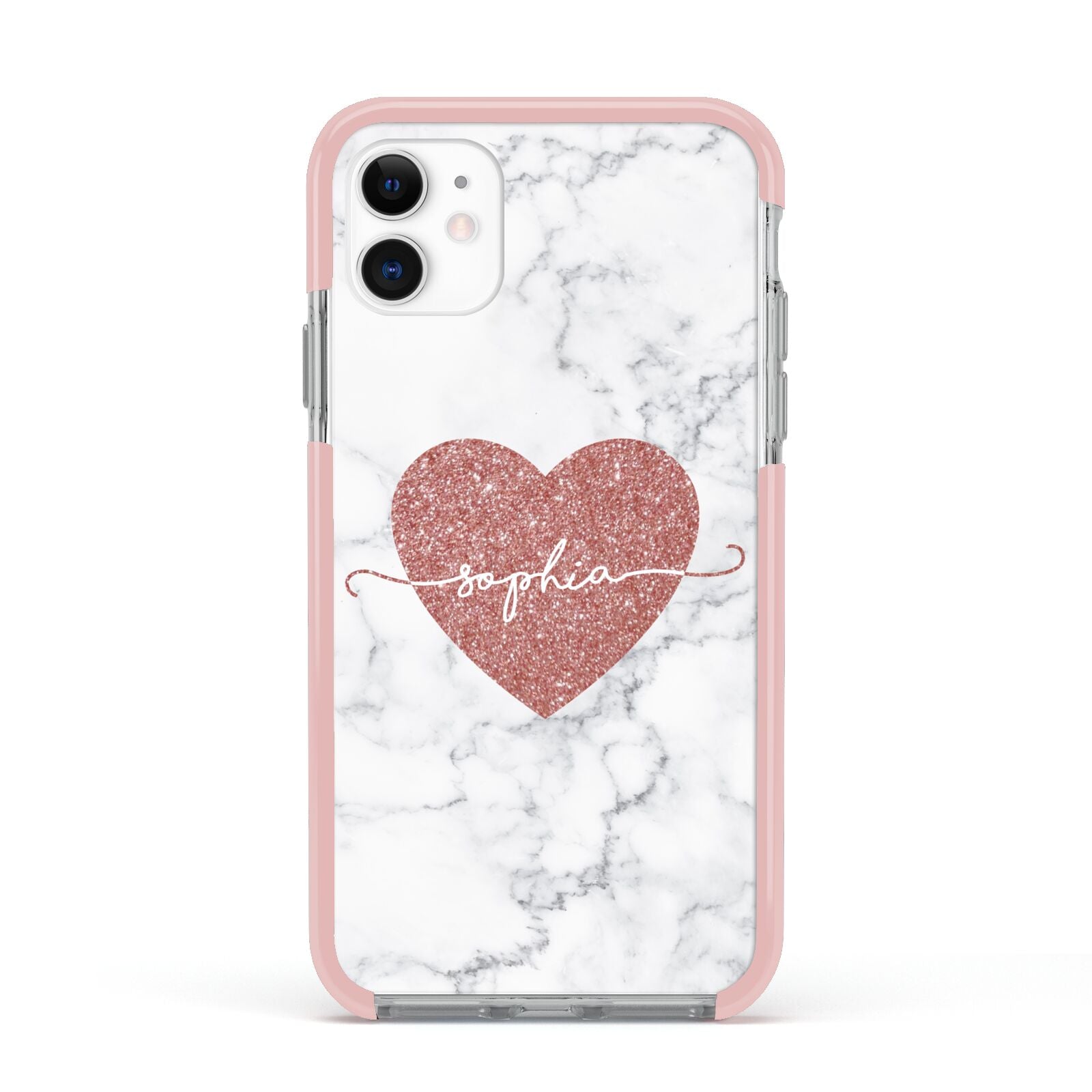 Marble Rose Gold Glitter Heart Personalised Name Apple iPhone 11 in White with Pink Impact Case
