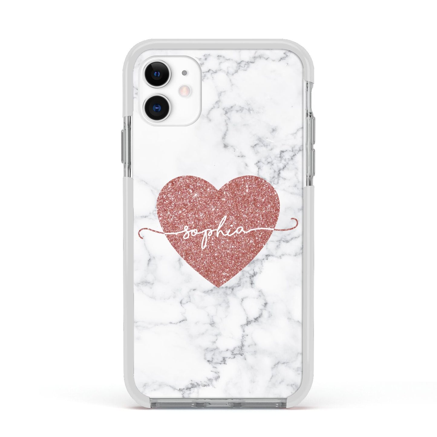 Marble Rose Gold Glitter Heart Personalised Name Apple iPhone 11 in White with White Impact Case