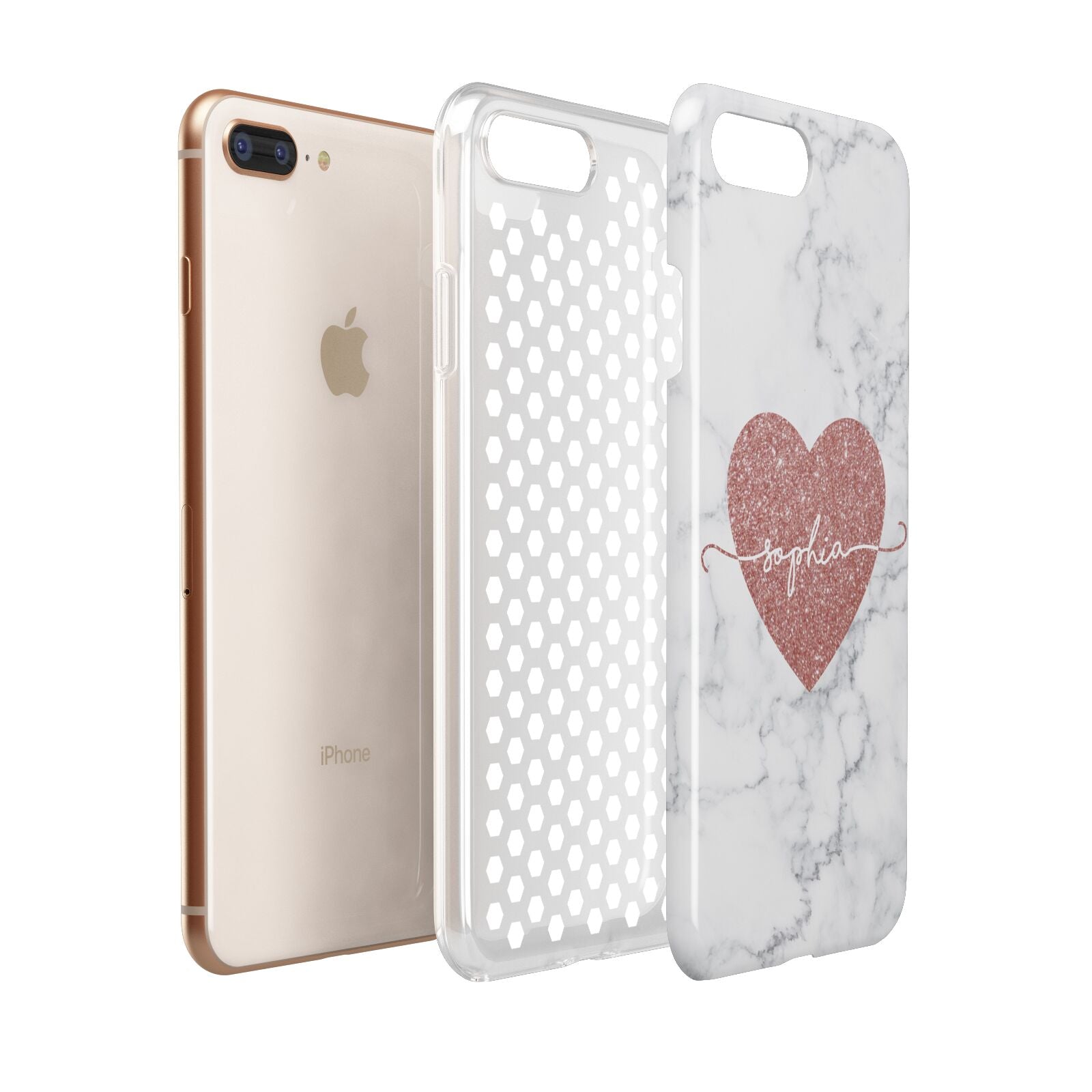 Marble Rose Gold Glitter Heart Personalised Name Apple iPhone 7 8 Plus 3D Tough Case Expanded View