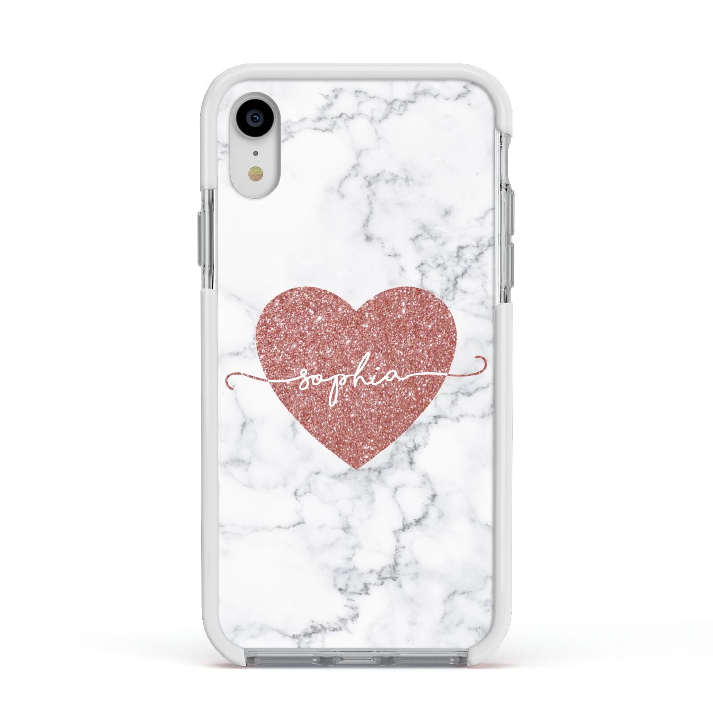 Marble Rose Gold Glitter Heart Personalised Name Apple iPhone XR Impact Case White Edge on Silver Phone