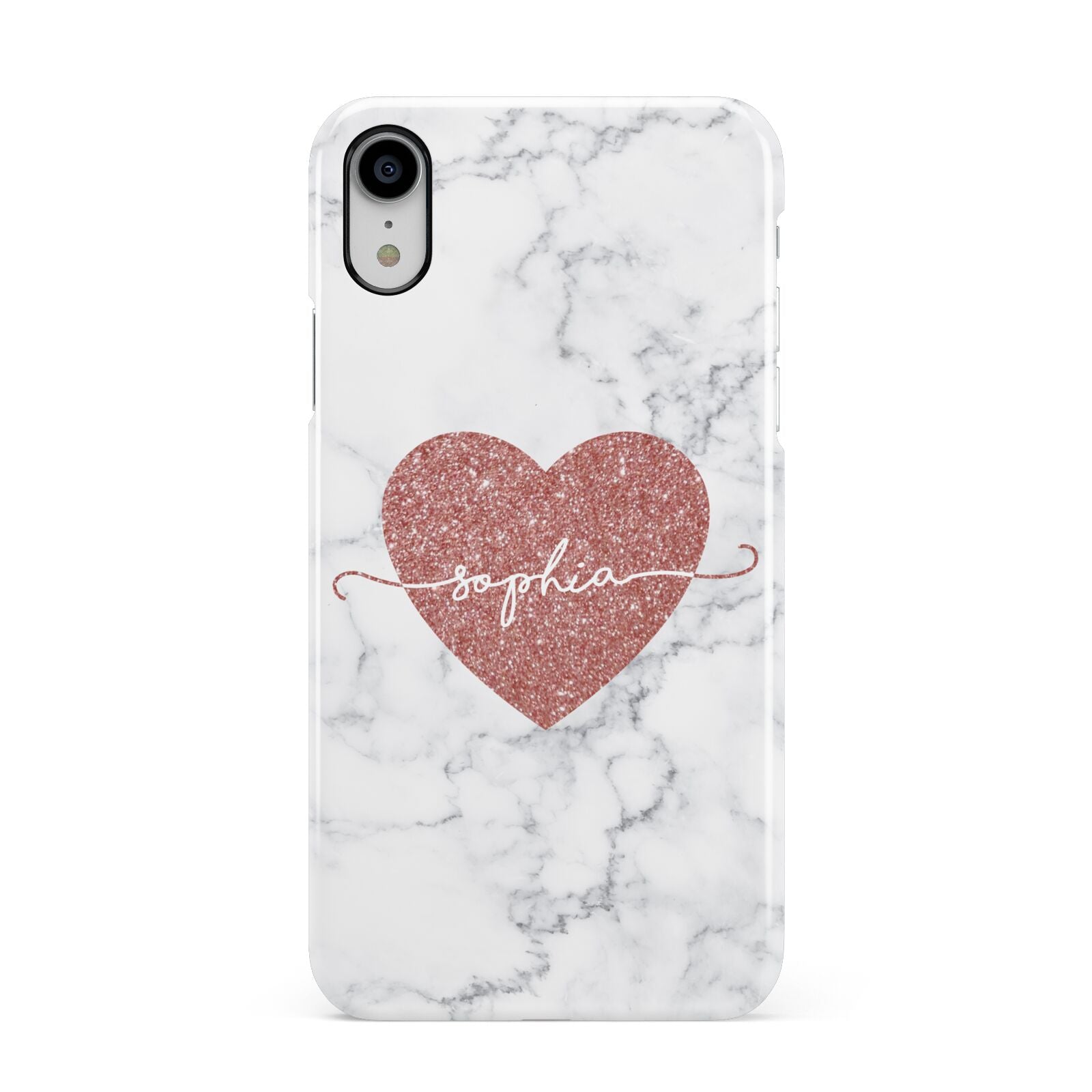 Marble Rose Gold Glitter Heart Personalised Name Apple iPhone XR White 3D Snap Case