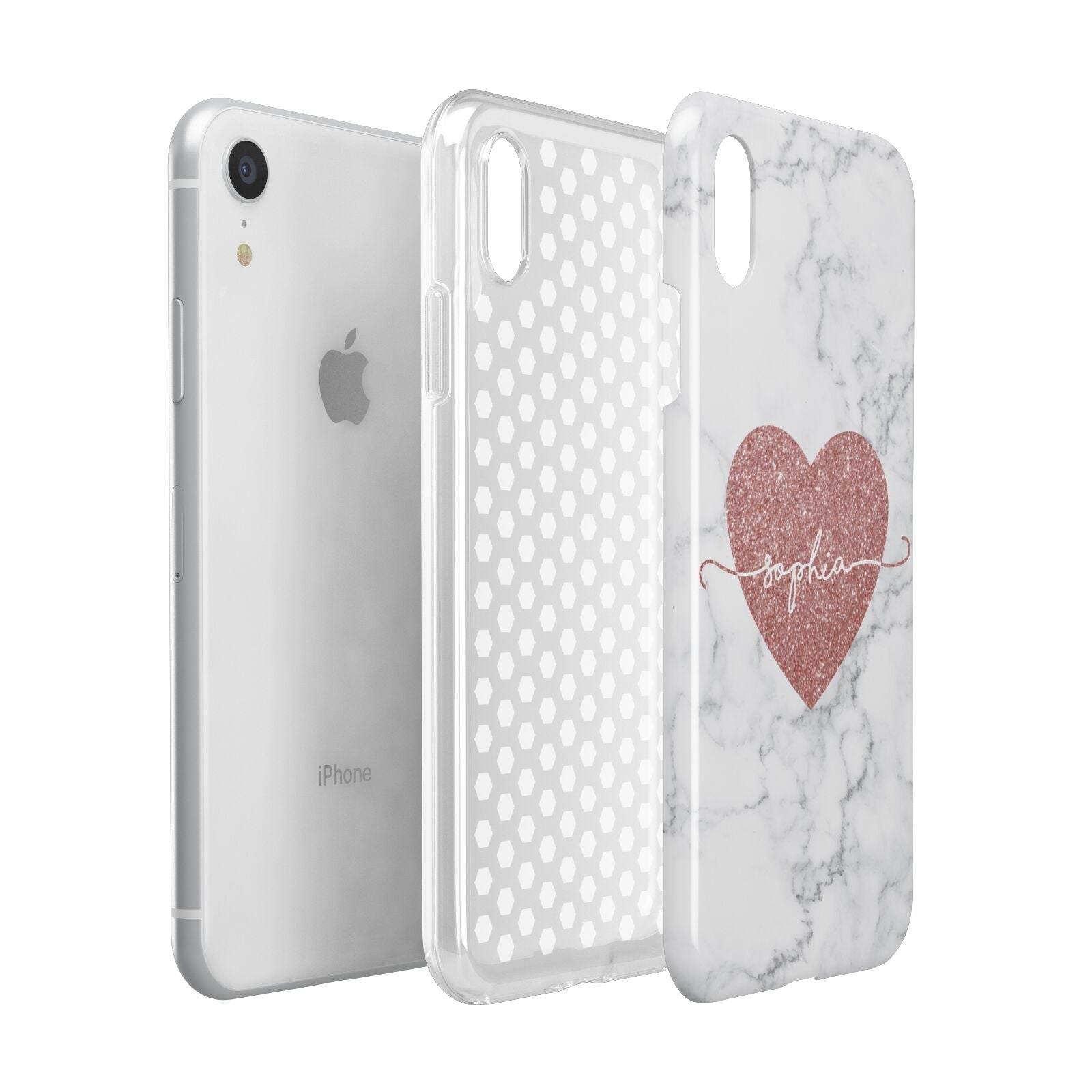 Marble Rose Gold Glitter Heart Personalised Name Apple iPhone XR White 3D Tough Case Expanded view
