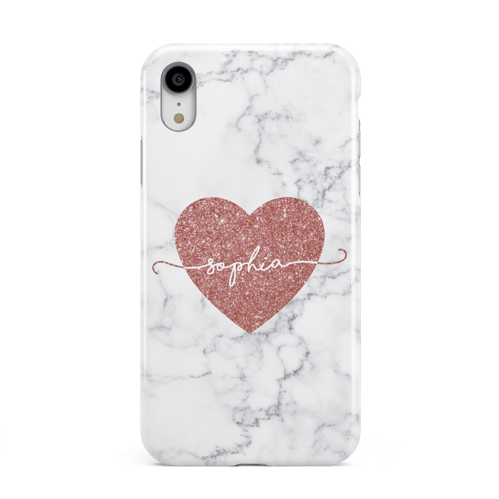 Marble Rose Gold Glitter Heart Personalised Name Apple iPhone XR White 3D Tough Case