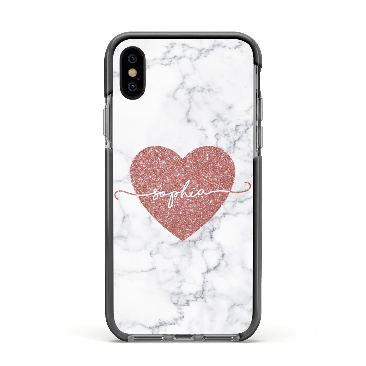 Marble Rose Gold Glitter Heart Personalised Name Apple iPhone Xs Impact Case Black Edge on Black Phone