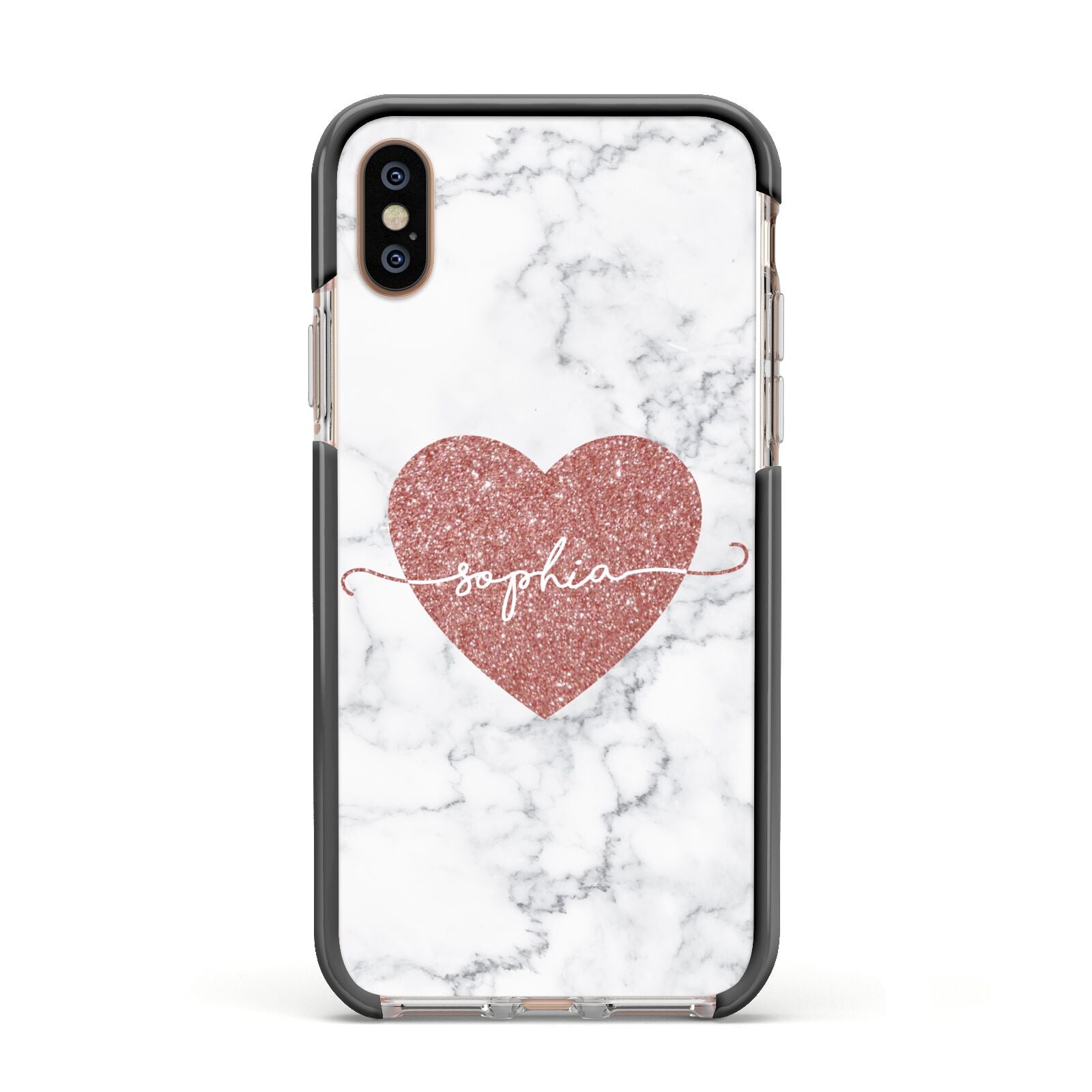 Marble Rose Gold Glitter Heart Personalised Name Apple iPhone Xs Impact Case Black Edge on Gold Phone