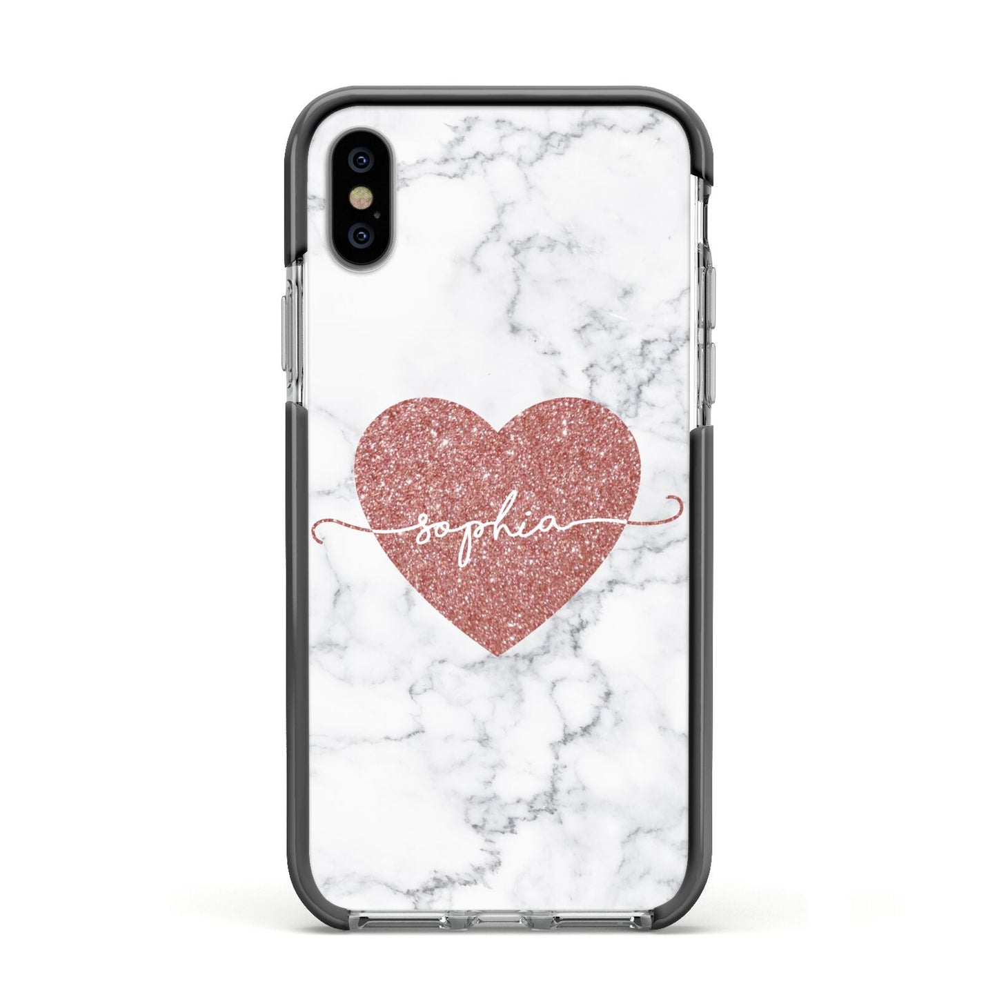 Marble Rose Gold Glitter Heart Personalised Name Apple iPhone Xs Impact Case Black Edge on Silver Phone