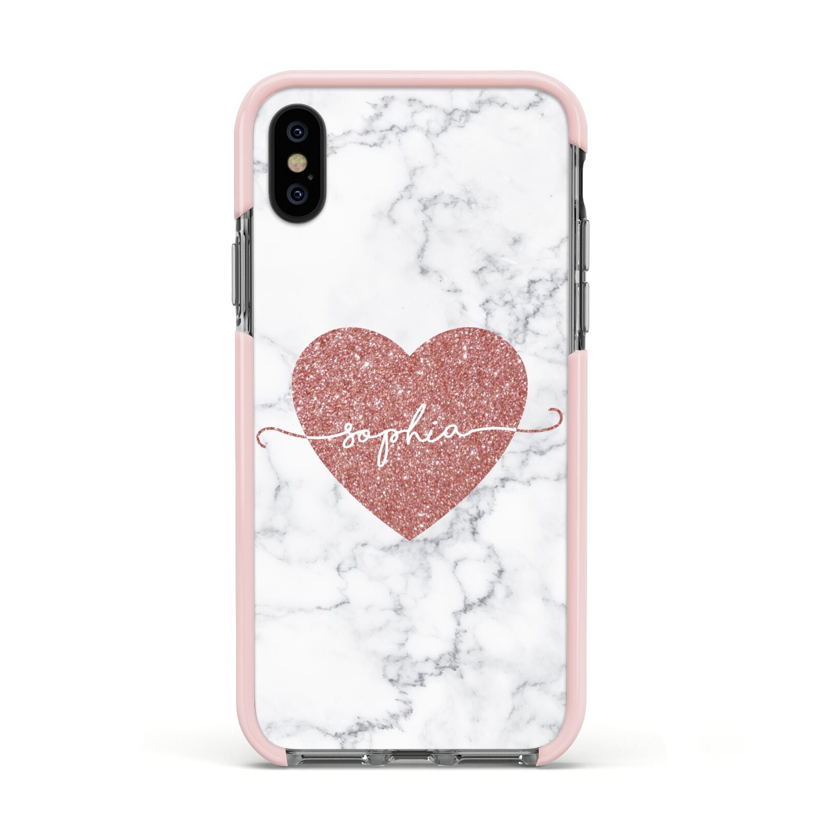 Marble Rose Gold Glitter Heart Personalised Name Apple iPhone Xs Impact Case Pink Edge on Black Phone