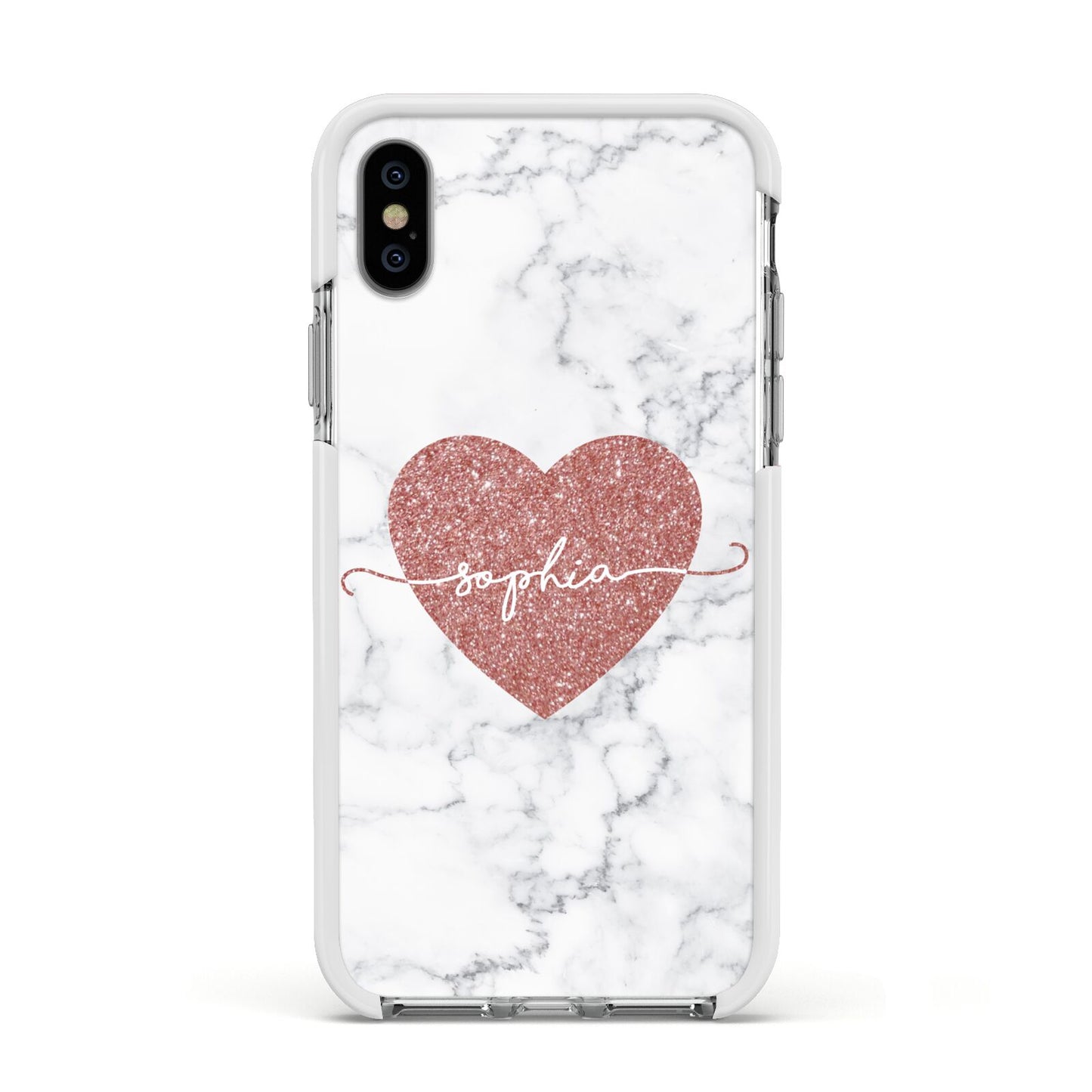 Marble Rose Gold Glitter Heart Personalised Name Apple iPhone Xs Impact Case White Edge on Silver Phone