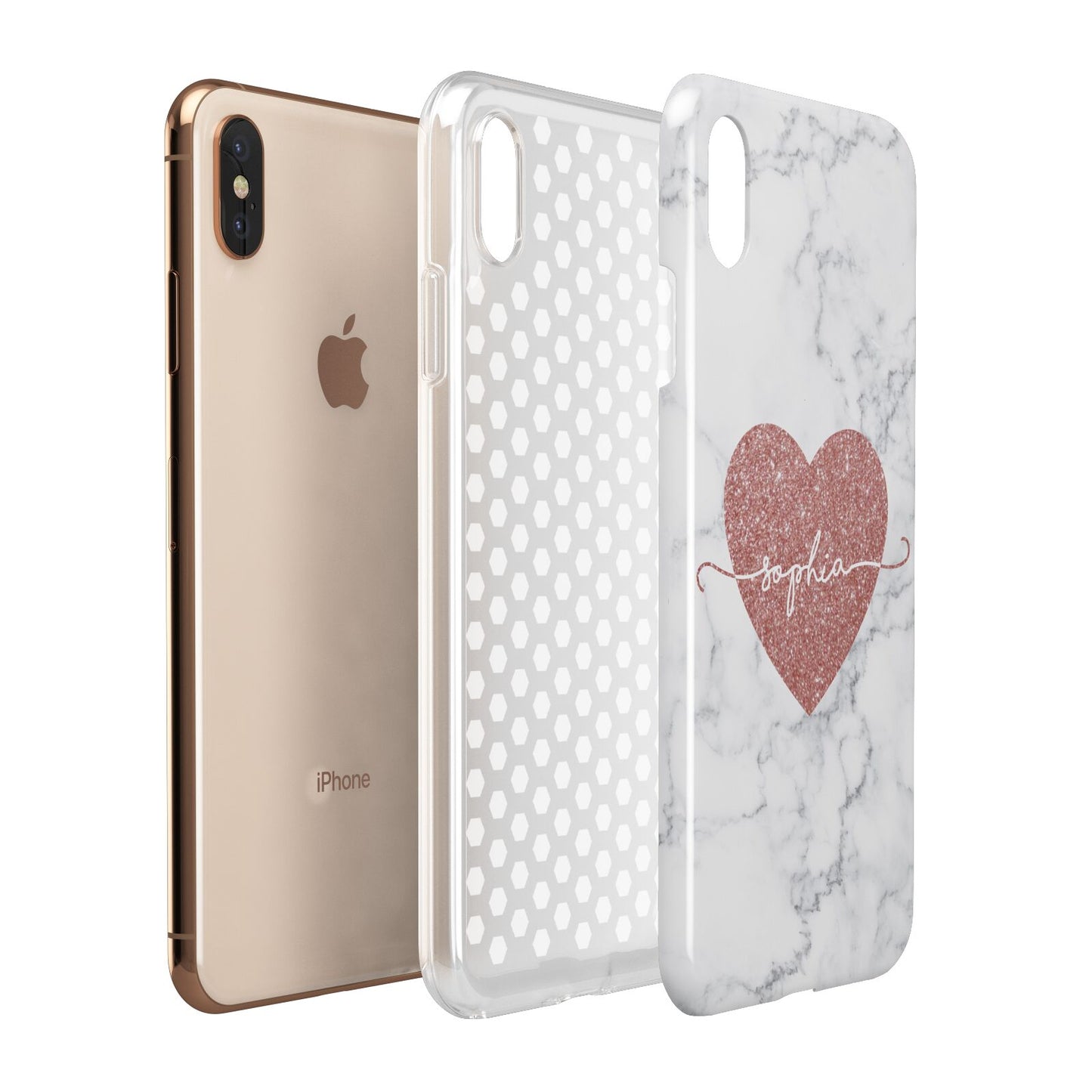 Marble Rose Gold Glitter Heart Personalised Name Apple iPhone Xs Max 3D Tough Case Expanded View