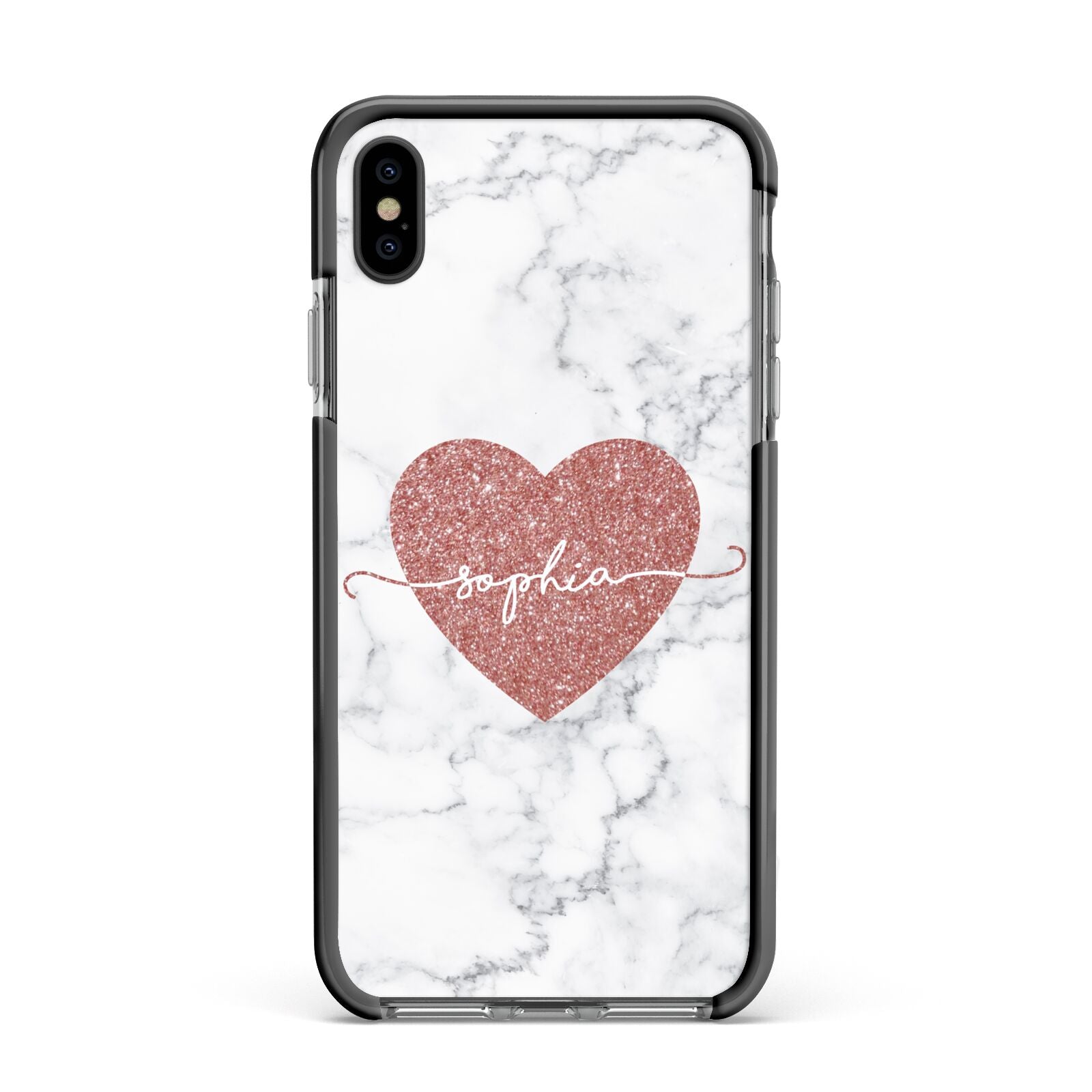Marble Rose Gold Glitter Heart Personalised Name Apple iPhone Xs Max Impact Case Black Edge on Black Phone