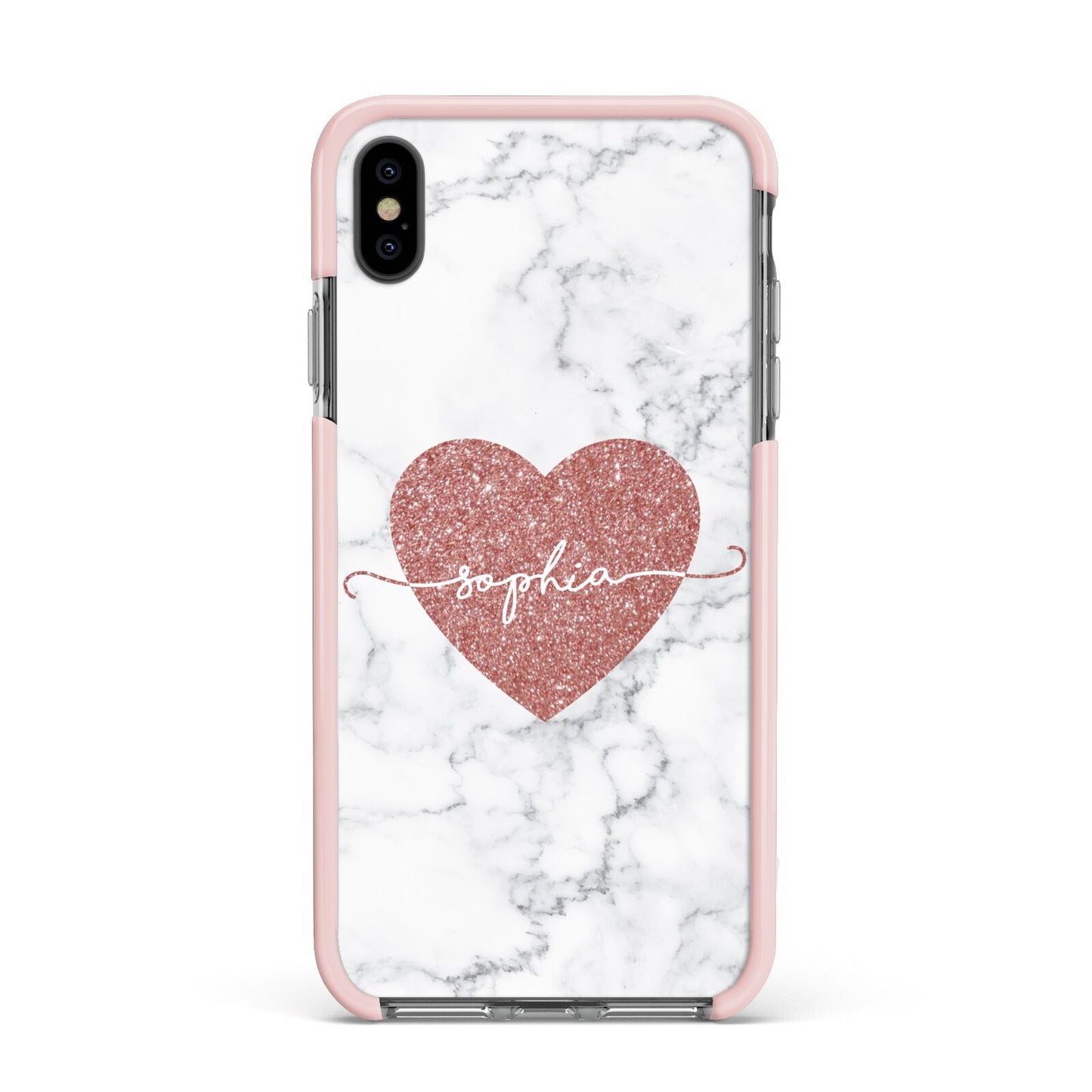 Marble Rose Gold Glitter Heart Personalised Name Apple iPhone Xs Max Impact Case Pink Edge on Black Phone