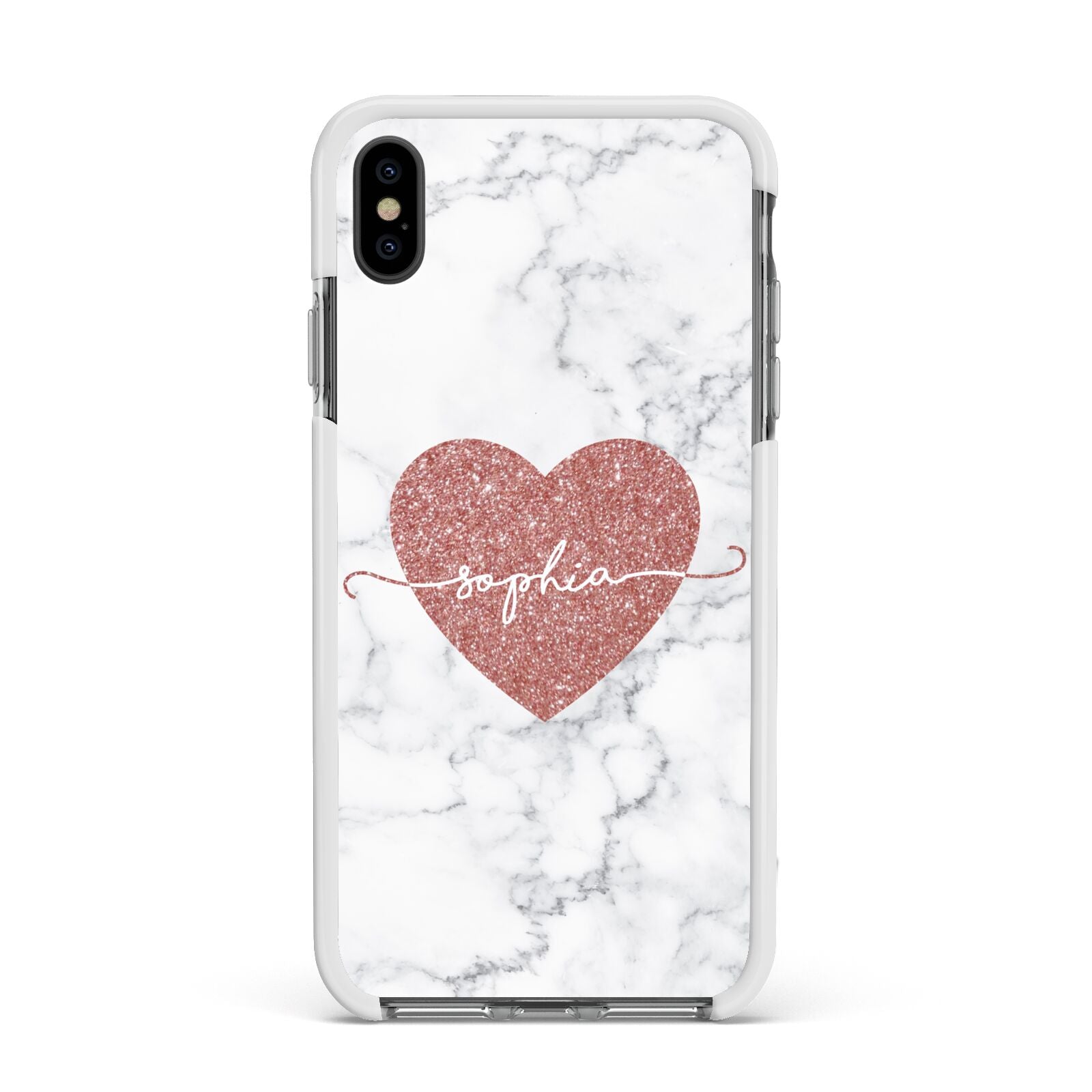 Marble Rose Gold Glitter Heart Personalised Name Apple iPhone Xs Max Impact Case White Edge on Black Phone