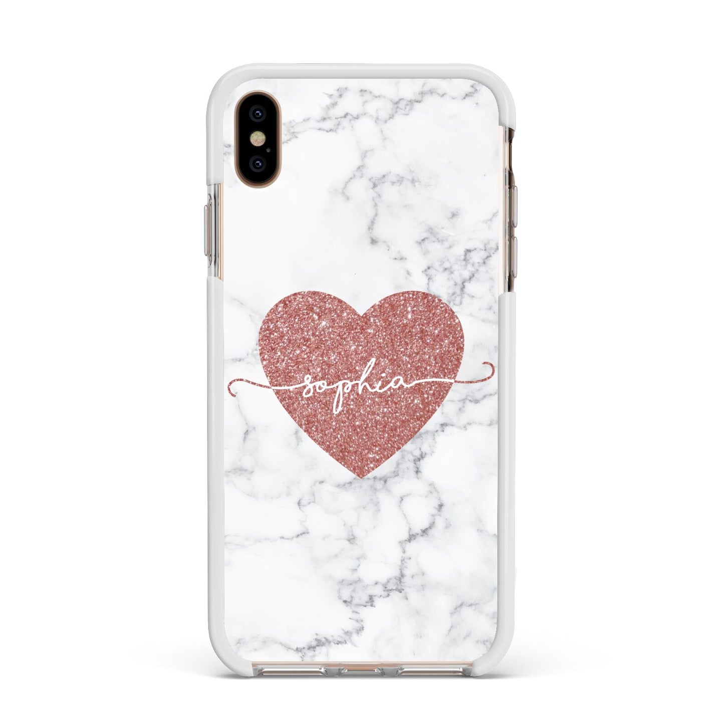 Marble Rose Gold Glitter Heart Personalised Name Apple iPhone Xs Max Impact Case White Edge on Gold Phone