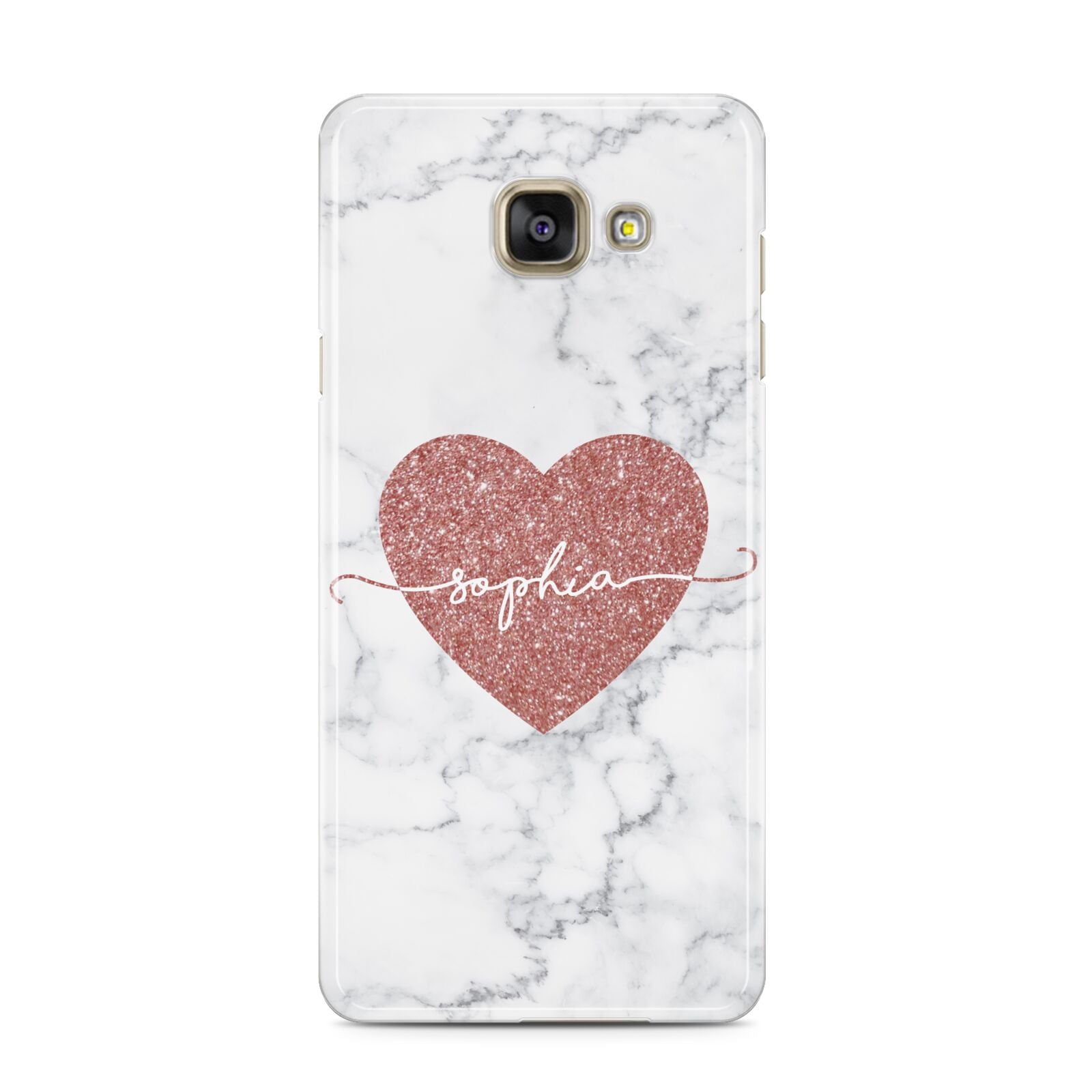 Marble Rose Gold Glitter Heart Personalised Name Samsung Galaxy A3 2016 Case on gold phone