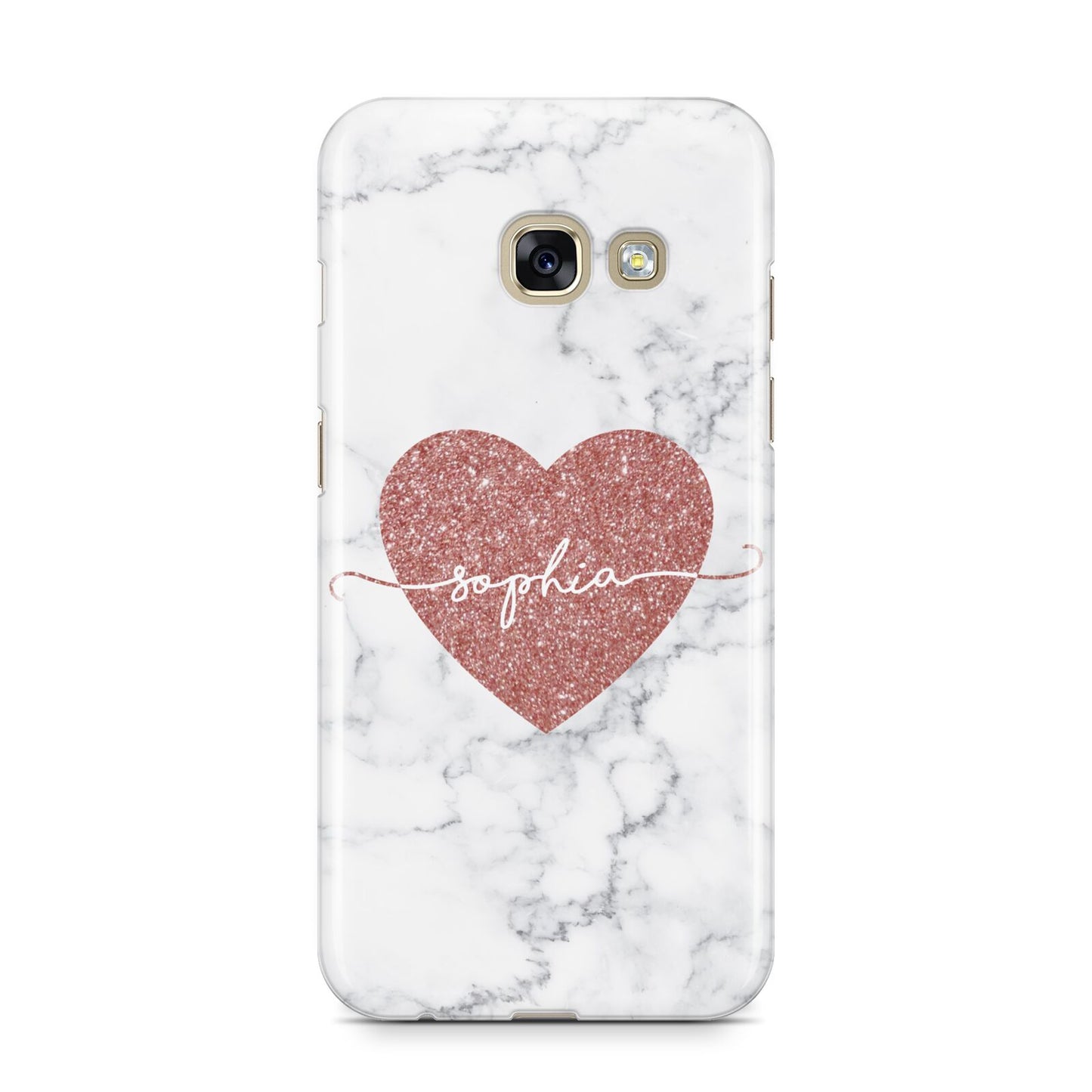 Marble Rose Gold Glitter Heart Personalised Name Samsung Galaxy A3 2017 Case on gold phone