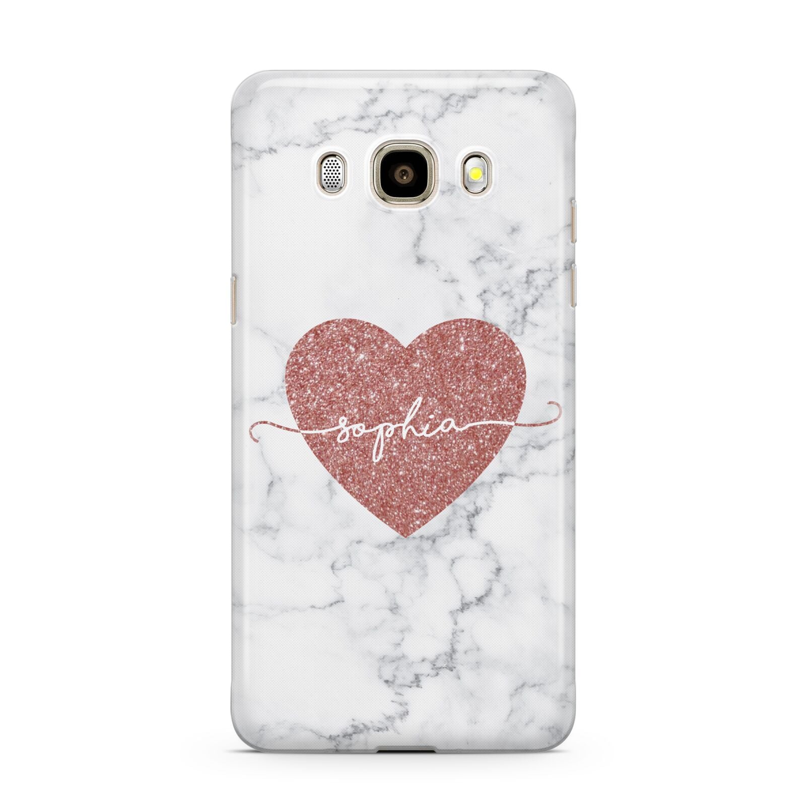 Marble Rose Gold Glitter Heart Personalised Name Samsung Galaxy J7 2016 Case on gold phone