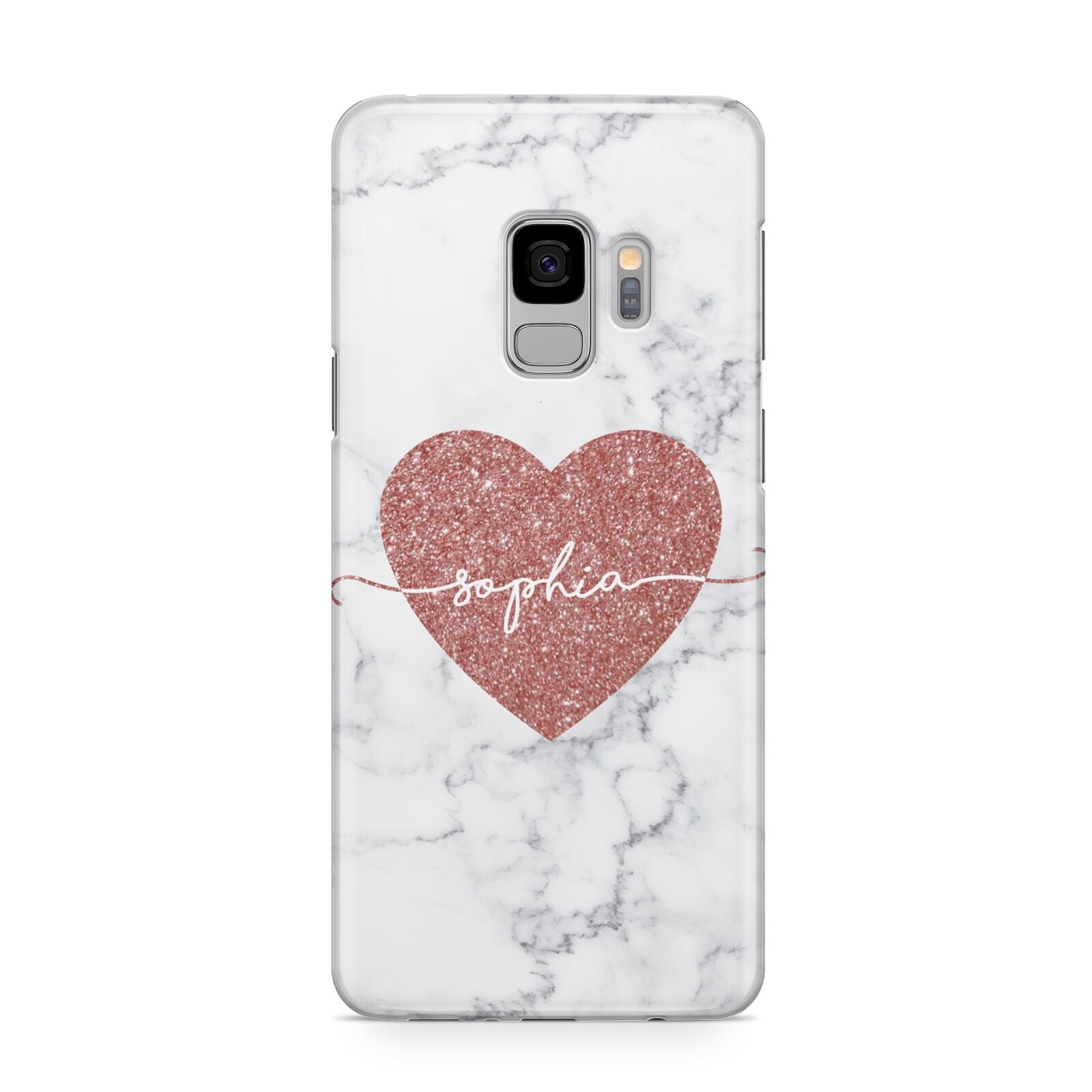 Marble Rose Gold Glitter Heart Personalised Name Samsung Galaxy S9 Case