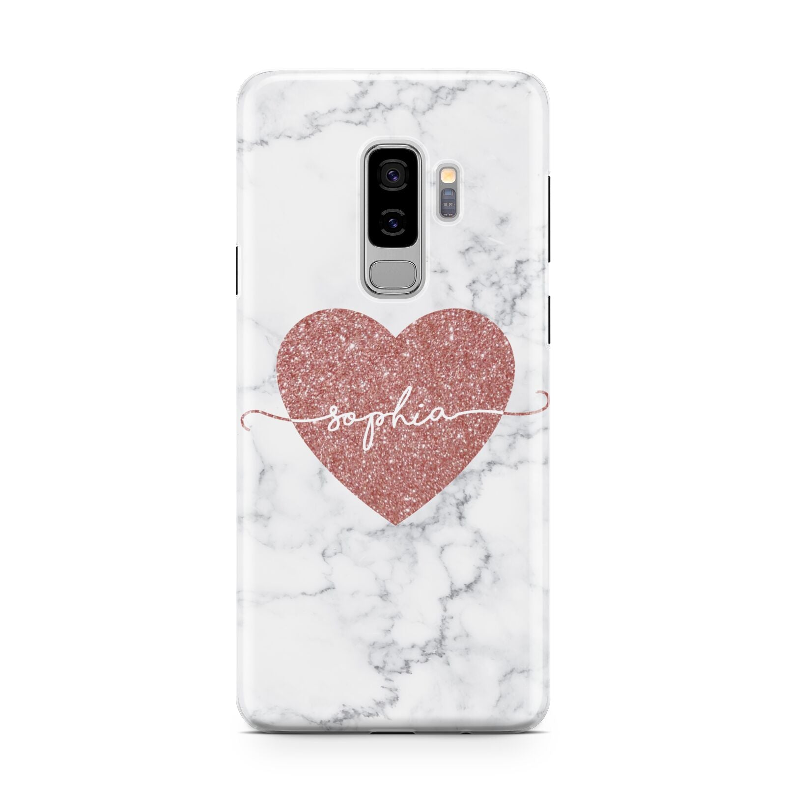 Marble Rose Gold Glitter Heart Personalised Name Samsung Galaxy S9 Plus Case on Silver phone