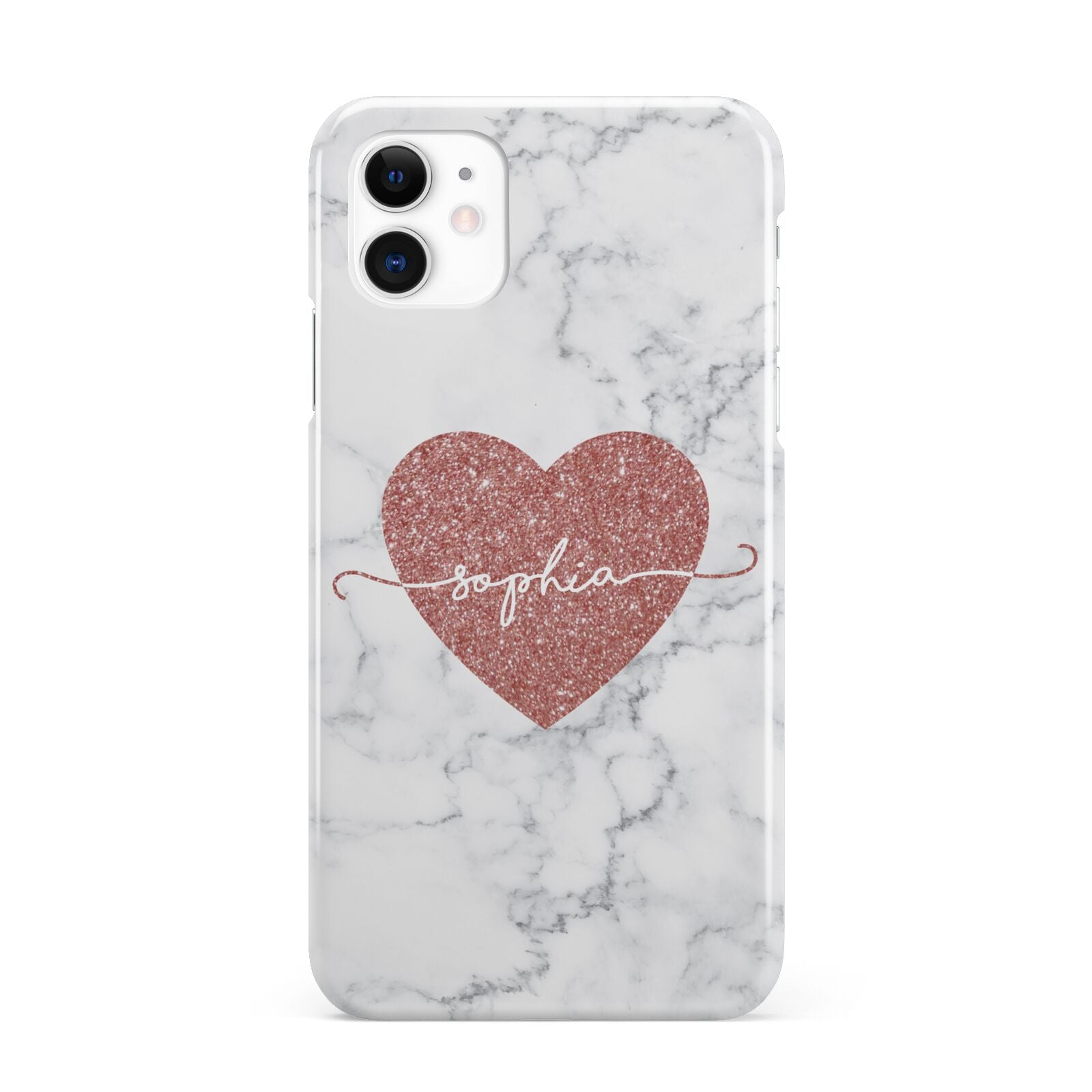 Marble Rose Gold Glitter Heart Personalised Name iPhone 11 3D Snap Case