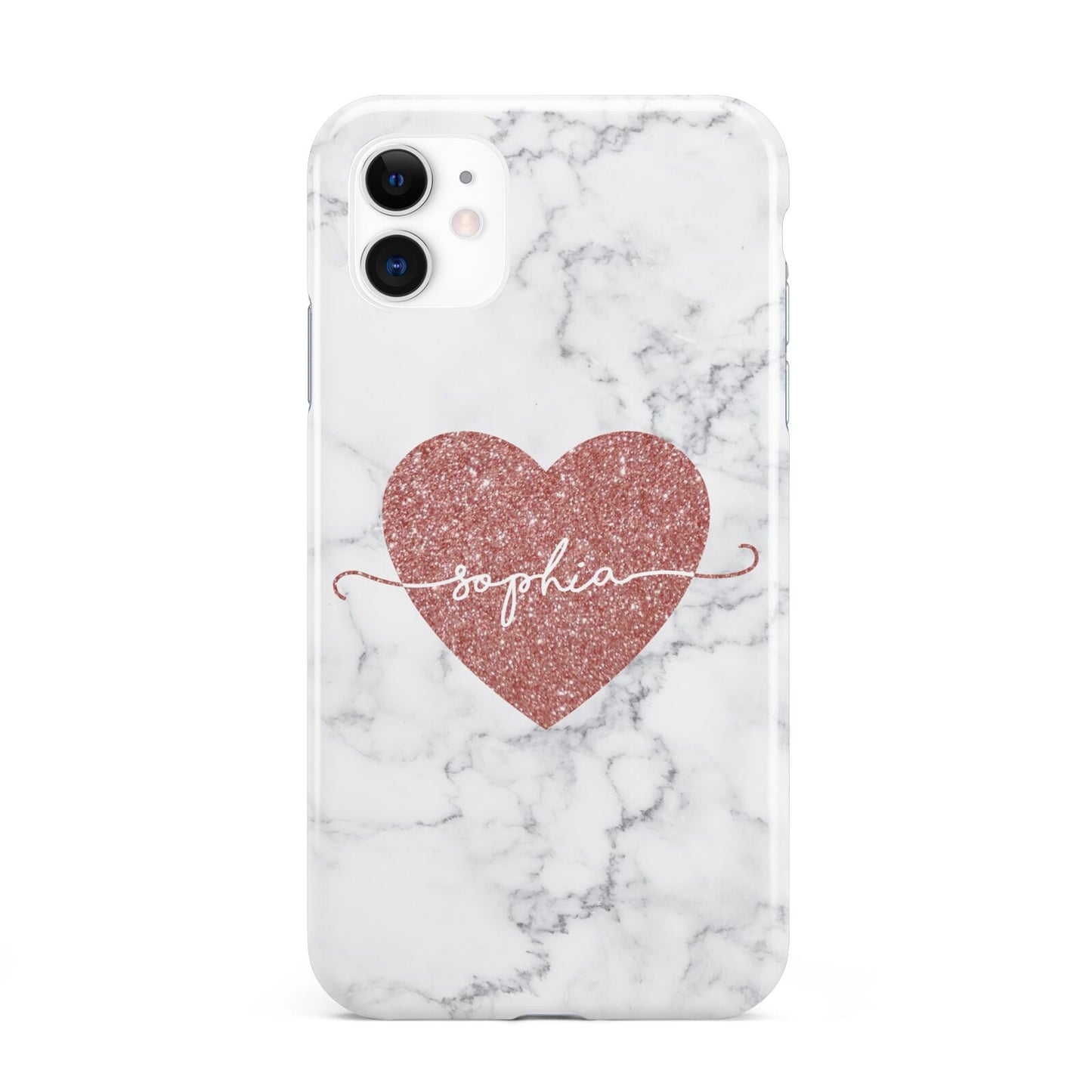 Marble Rose Gold Glitter Heart Personalised Name iPhone 11 3D Tough Case